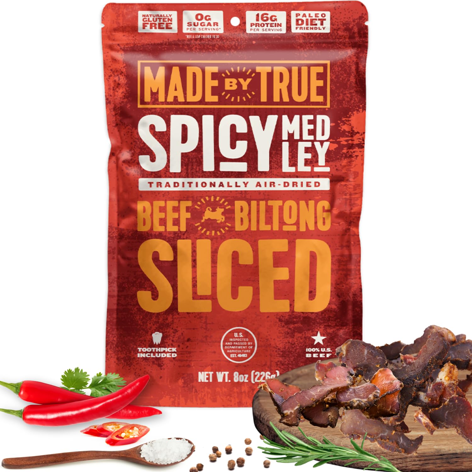 Made by True Beef Sliced Bites Spicy Medley (8 Ounce, Pack of 1) - All Natural, Zero-Sugar True Jerky Biltong - High Protein, Keto, Paleo & Whole 30 Diet - Sugar-Free, Gluten-Free, Carb-Free