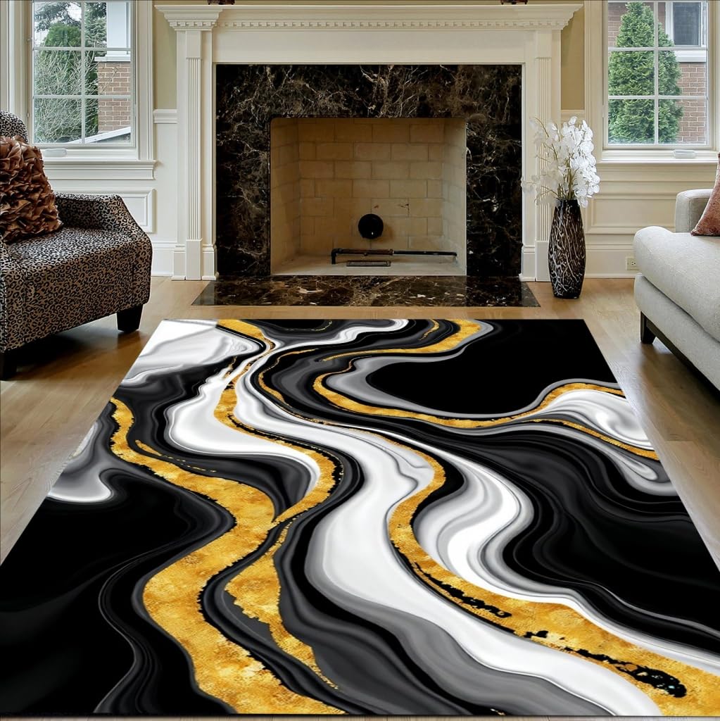 Vibrant Black White Gold Marble Striped Modern Abstract Indoor Area Rug 8x10 Machine Washable Soft Thick Large Rug for Living Room Bedroom Diningroom