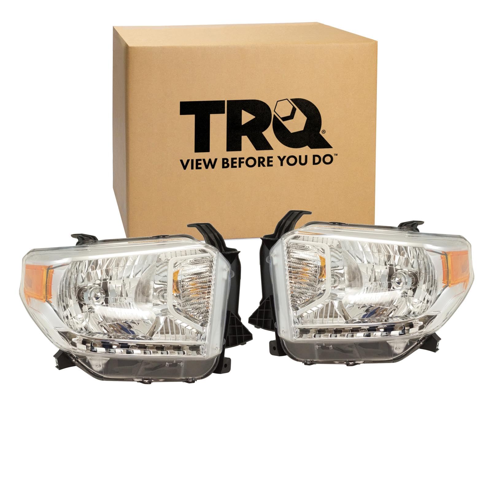 TRQ Driver and Passenger Side Headlight Assembly Set Compatible with 14-17 Toyota Tundra with Automatic Leveling Headlights without LED Daytime Running Lights