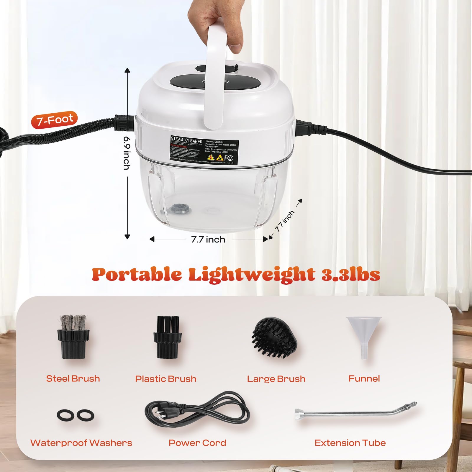 Moongiantgo Limpiador a Vapor Portátil 2500W, Vaporeta de Mano 3.5 BAR con 1.5L Tanque de Agua, 6 Velocidades Ajustable, Maquina de Vapor Limpieza Hogar para Cocina, Baño, Azulejos, Coches (Blanco)
