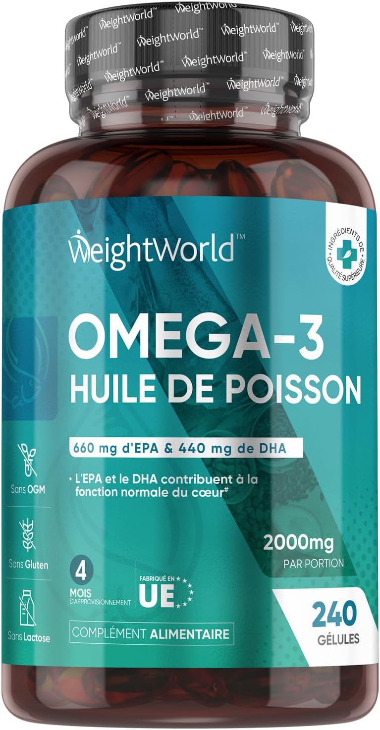 Huile de Poisson Oméga 3 Gélules 2000mg : Avis et comparatif sur 240 gélules avec EPA 660mg & DHA 440mg, sans odeur, pour un cœur en bonne santé. Huile de Poisson Oméga 3 Gélules 2000mg : Avis et comparatif sur 240 gélules avec EPA 660mg & DHA 440mg, sans odeur, pour un cœur en bonne santé.
