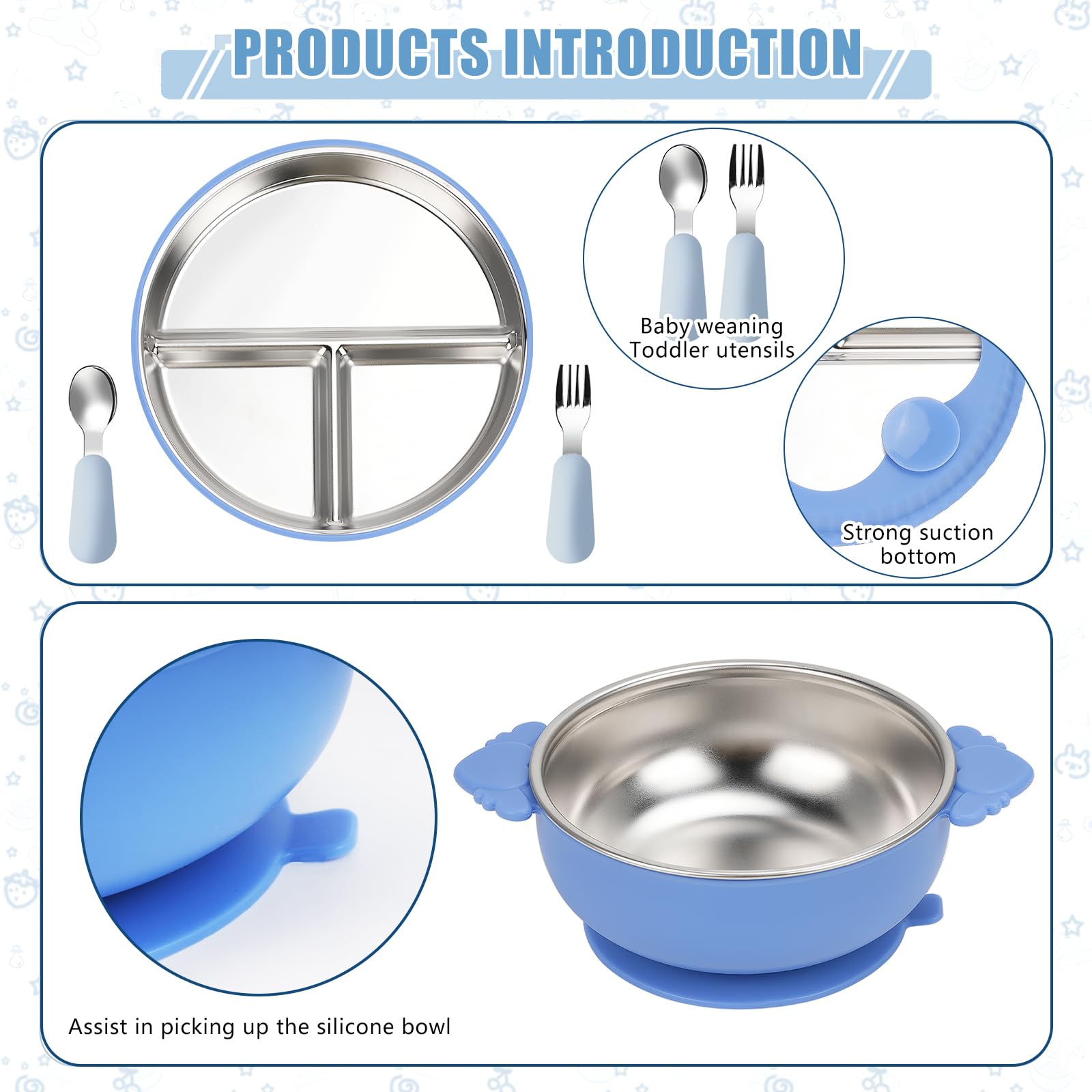 Lot de 2 assiettes à ventouse en acier inoxydable, 1 fourchette et cuillère en acier inoxydable, antidérapantes, accessoires BLW, pour lave-vaisselle, sans BPA, bleu