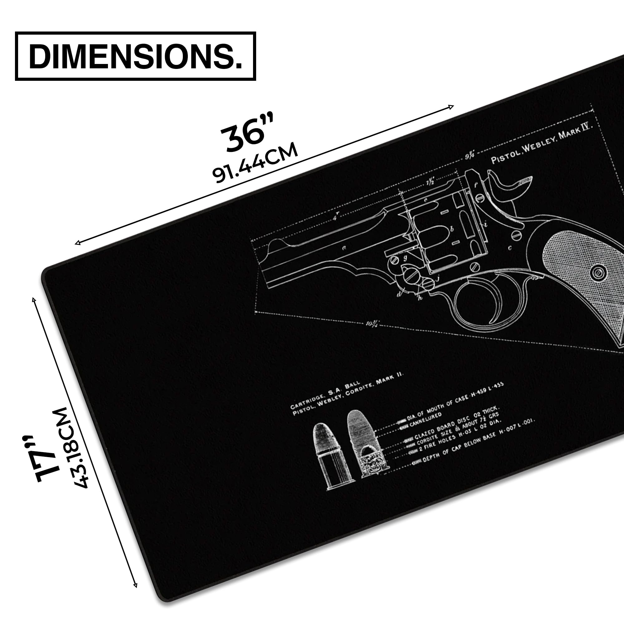 MPCO. Original große Gaming-Schreibtischunterlage, 91,4 x 43,2 cm, Duraglyde Blueprints Pistole Webly Mark IV, schwarzes komplettes Schreibtisch-Mauspad für reibungslose Präzision, rutschfest