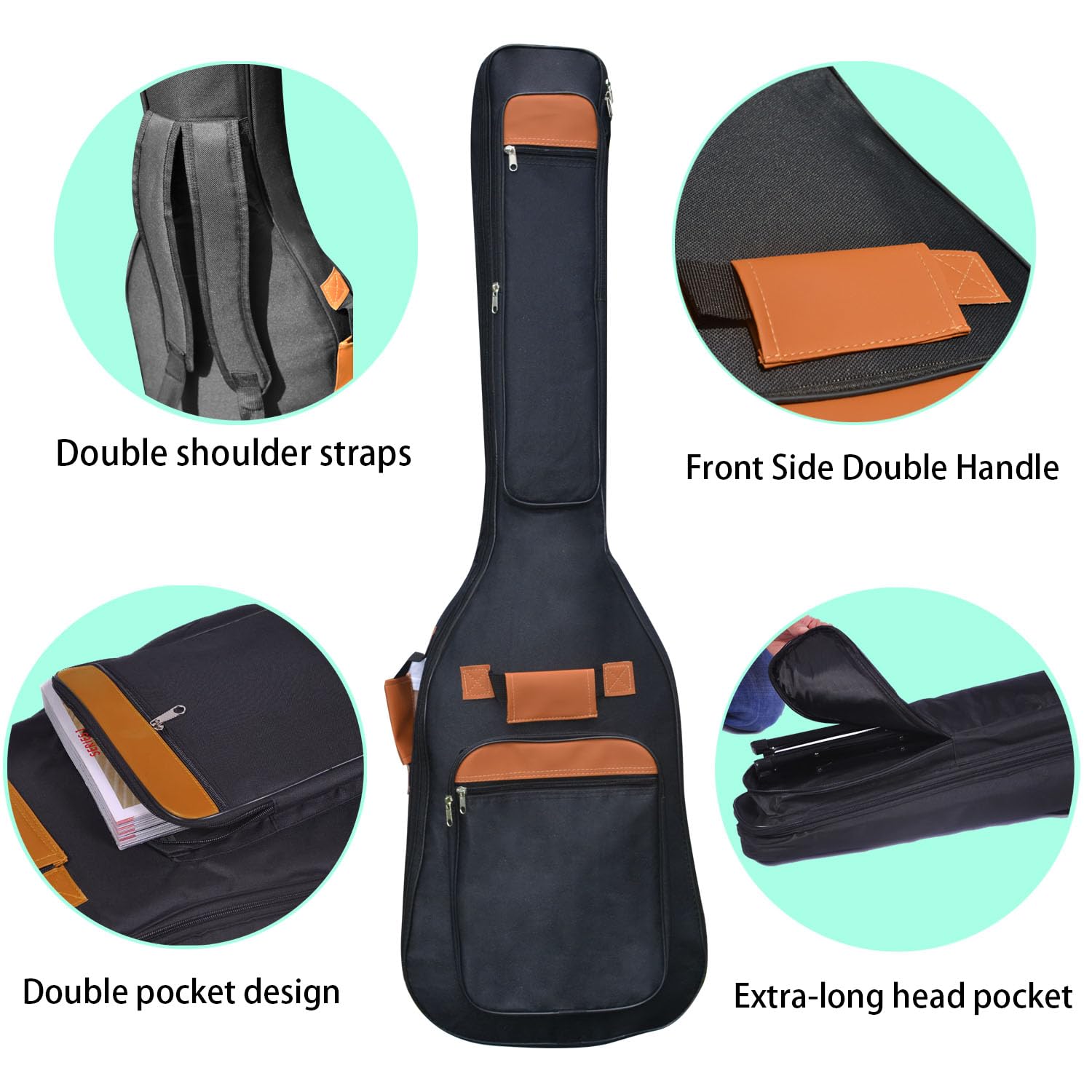 Bolsa para bajo de 6 mm, acolchada, correa para el cuello y bolsillos, funda suave para bajo eléctrico, naranja y negro, bolsa para guitarra que se abre desde la parte superior hasta la parte
