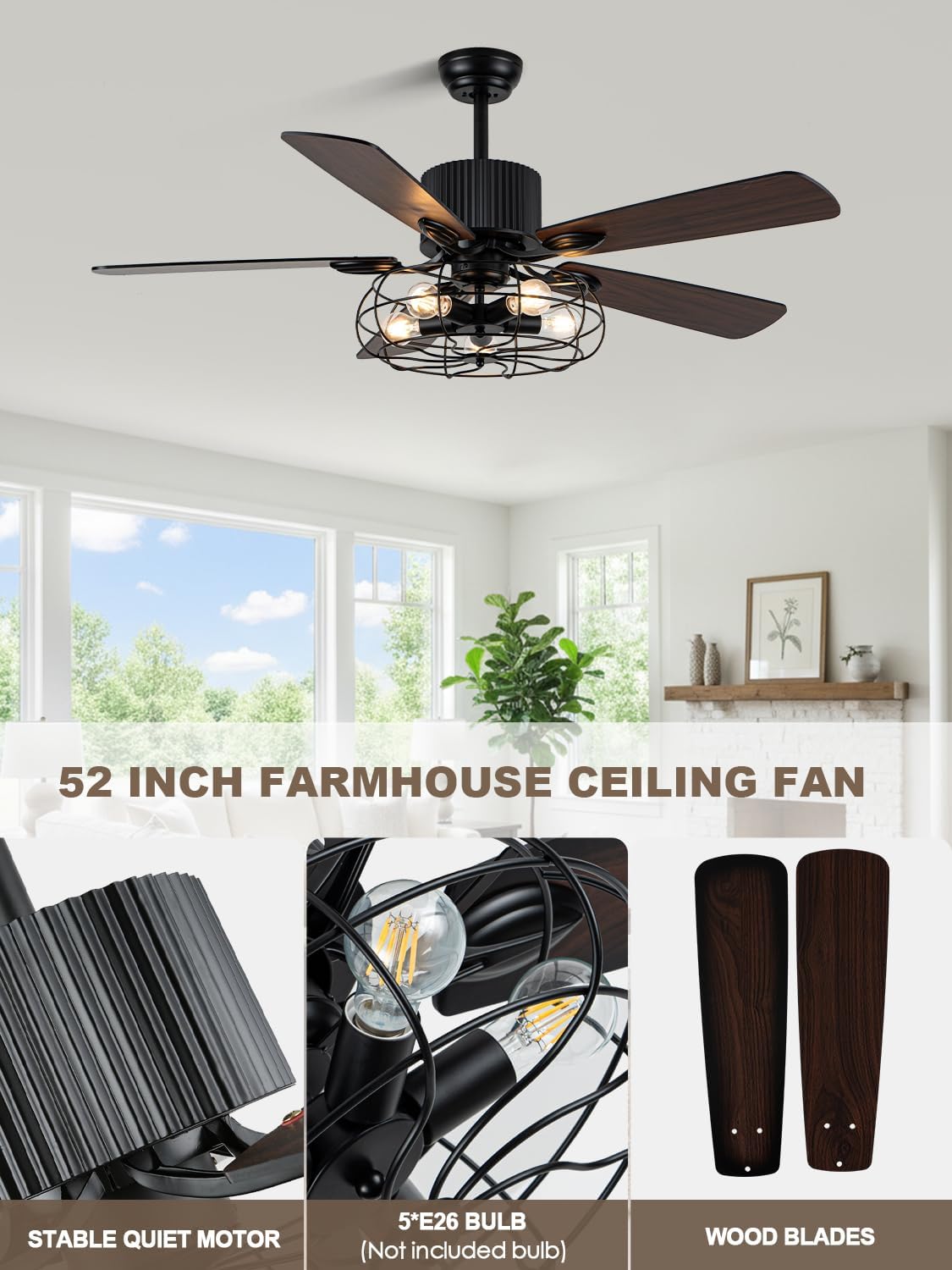 Bella Depot 52" Industrial Ceiling Fan Farmhouse Caged Chandelier Fan with Light Remote Vintage Rustic Indoor Fandelier Fan with Silent Motor for Dining Living Room Bedroom Porch (52")