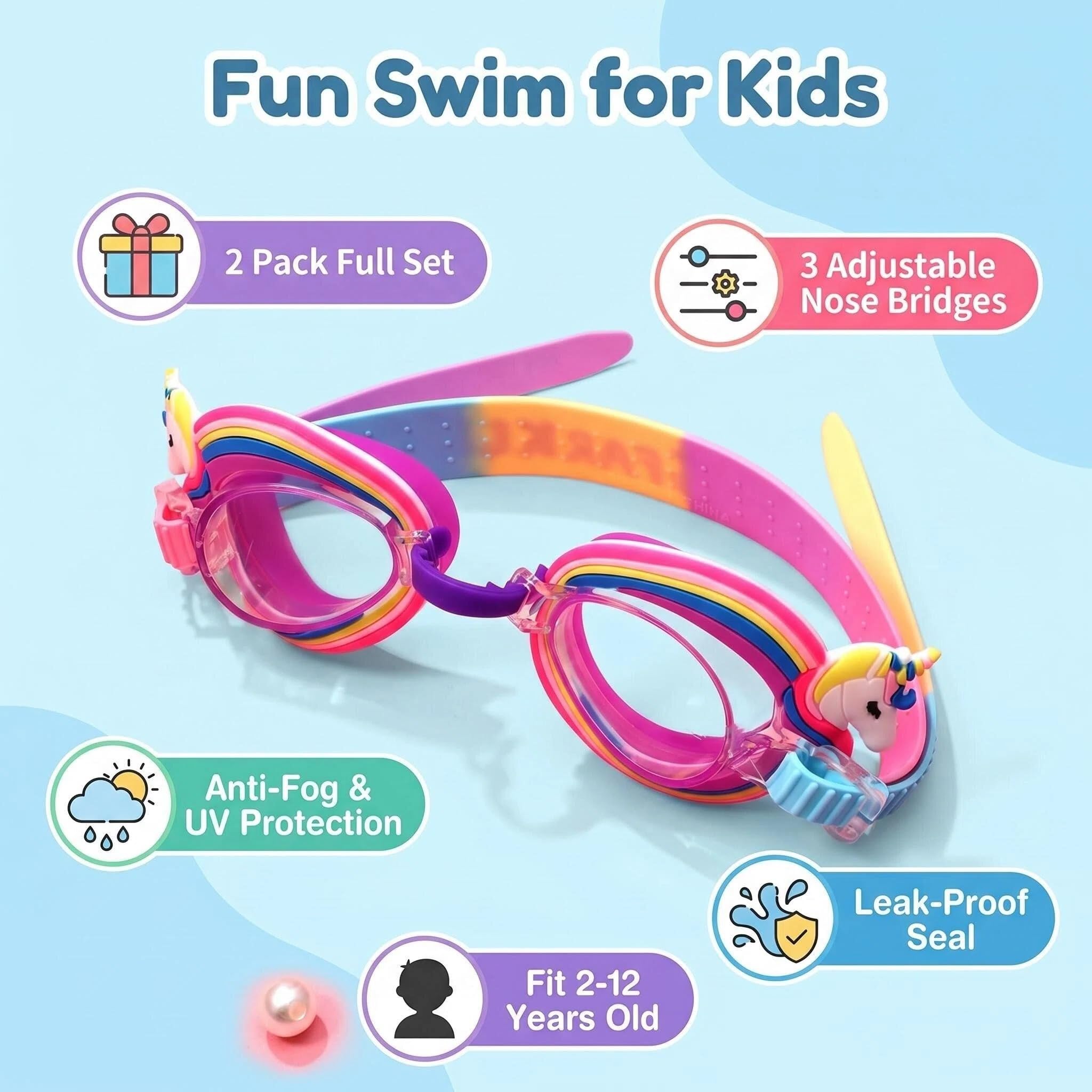 Kinder-Schwimmbrille, auslaufsicher, beschlagfrei, wasserdicht, verstellbar, für Kinder im Alter von 2–14 Jahren, Kleinkinder, Jungen, 2 Stück