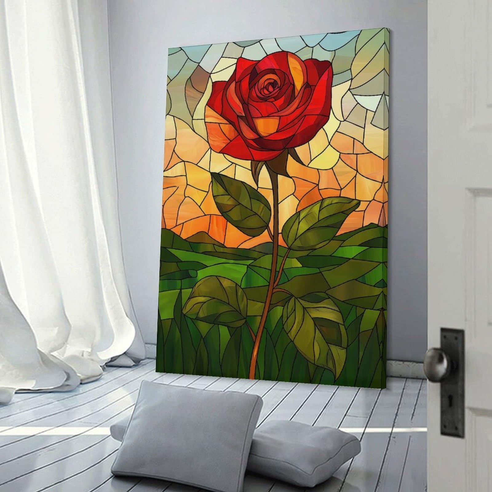 Junmoney Room Decor Wall Art Stained Glass Rose, 24x36inch(60x90cm), for Home Office, Desk Area Or Studio, An Interior Accent for Desk Areas