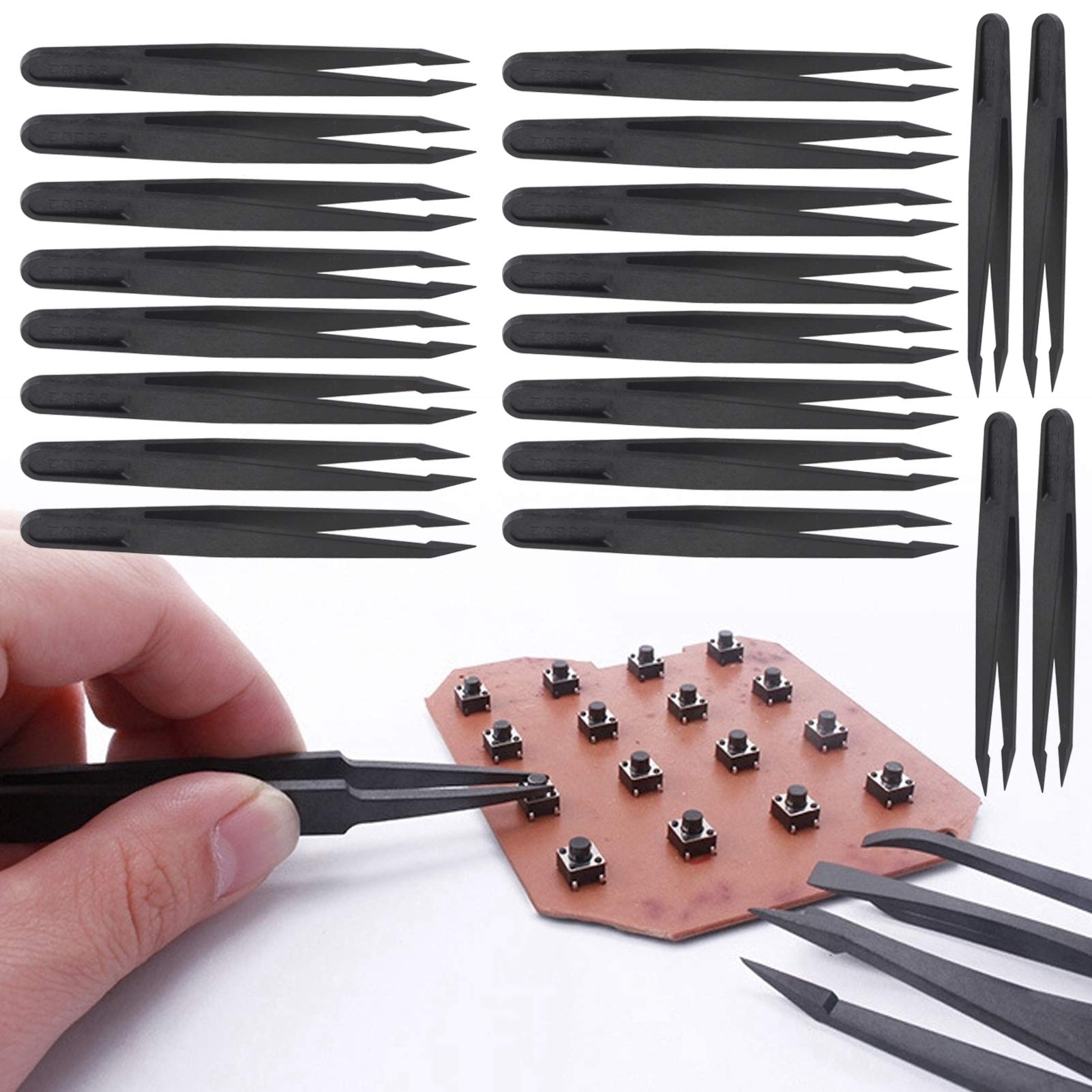 Hyuduo 20-Pack EDS Anti-Static Carbon Fiber Precision Tweezers – Pointed Tip For Electronics, Watch Repair, Circuit Work