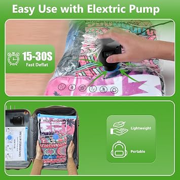 Vacuum Seal Bags for Clothing Travel, 12 Pack Space Saver Vacuum Storage Bags with Electric Pump,Portable Compression Sealer for Clothes, Blankets, Bedding & Travel,Good for Storage and Organization
