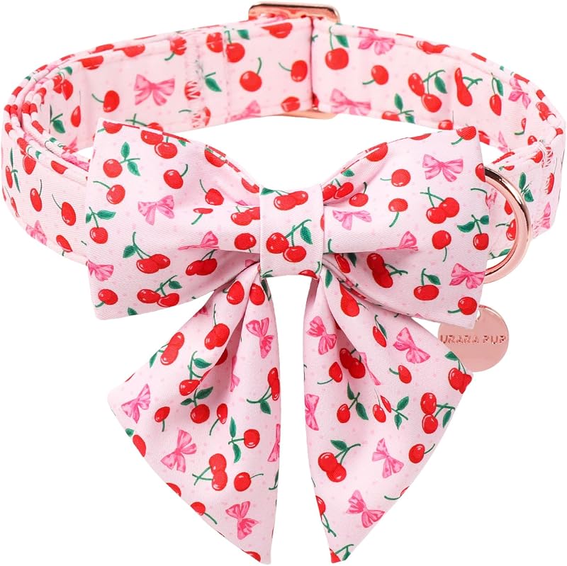 Coleira para Cães com Laço Cherry&Bow Ajustável de Algodão Rosa UP URARA PUP, Tamanho L