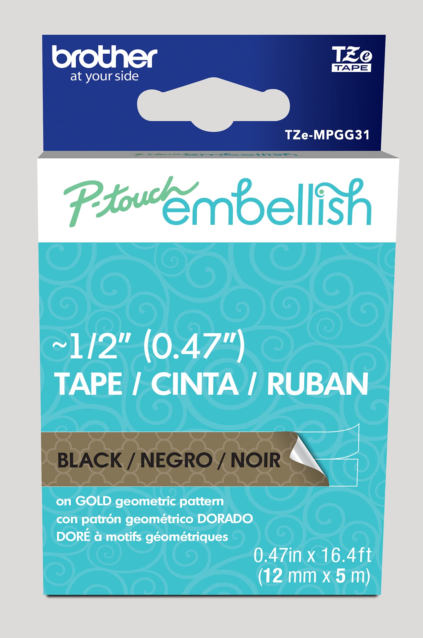 Brother P-Touch Embellish Black Print on Gold Geometric Pattern Tape TZEMPGG31 – ~ ½” Wide x 13.1’ Long for use with P-Touch Embellish Ribbon &amp; Tape Printer