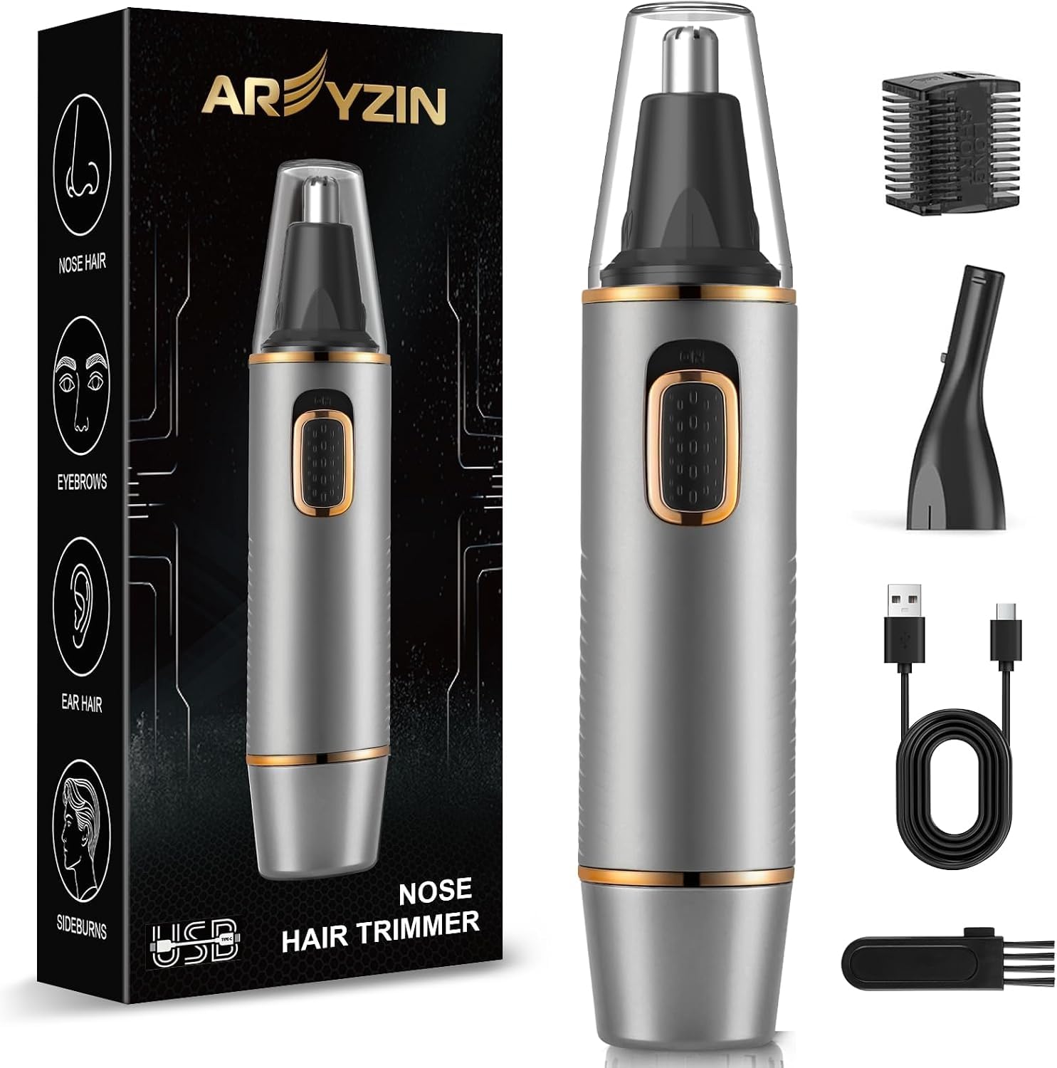 AREYZIN Nose Hair Trimmer for Men,Rechargeable Ear and Nose Trimmer,2026 Professional 2 in 1 Painless Eyebrow & Facial Hair Trimmer with IPX7 Waterproof Dual Edge Blades (Black) — Amazon image 8