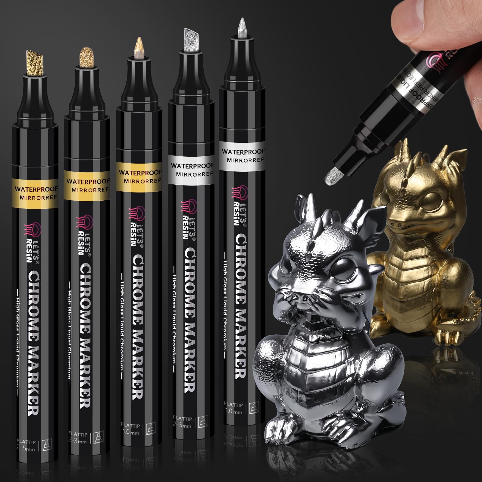 LET'S RESIN 6Pcs Mirror Chrome Markers,3 Sizes Shiny Chrome Paint Pen | Large Barrel, Quick Dry,Oil-based,Silver & Gold Markers for Metal, Resin,Model Painting,Marking,Jewelry Repair Kit