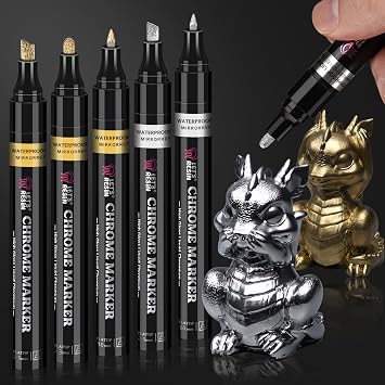LETS RESIN 6Pcs Mirror Chrome Markers,3 Sizes Shiny Chrome Paint Pen with Large Barrel, Quick Dry Oil-based Silver & Gold Markers for Metal, Resin,Model Painting,Marking,DIY Art & Jewelry Repair Kit