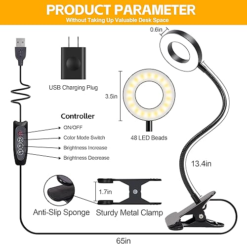 Miniatura 7 de Foneso Lámpara de escritorio con clip con adaptador, lámpara de lectura de 48 LED con puerto de carga USB, 3 modos de color, 10 niveles de brillo,
