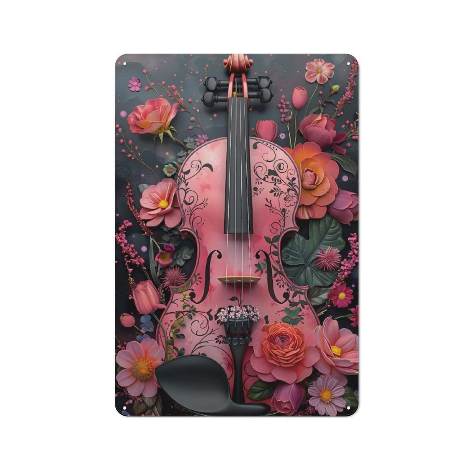Junmoney Floral Violin Rustic Metal Wall Sign 30X20cm For Café Or Restaurant, Gift Idea At Christmas For Café Owners And Decorators