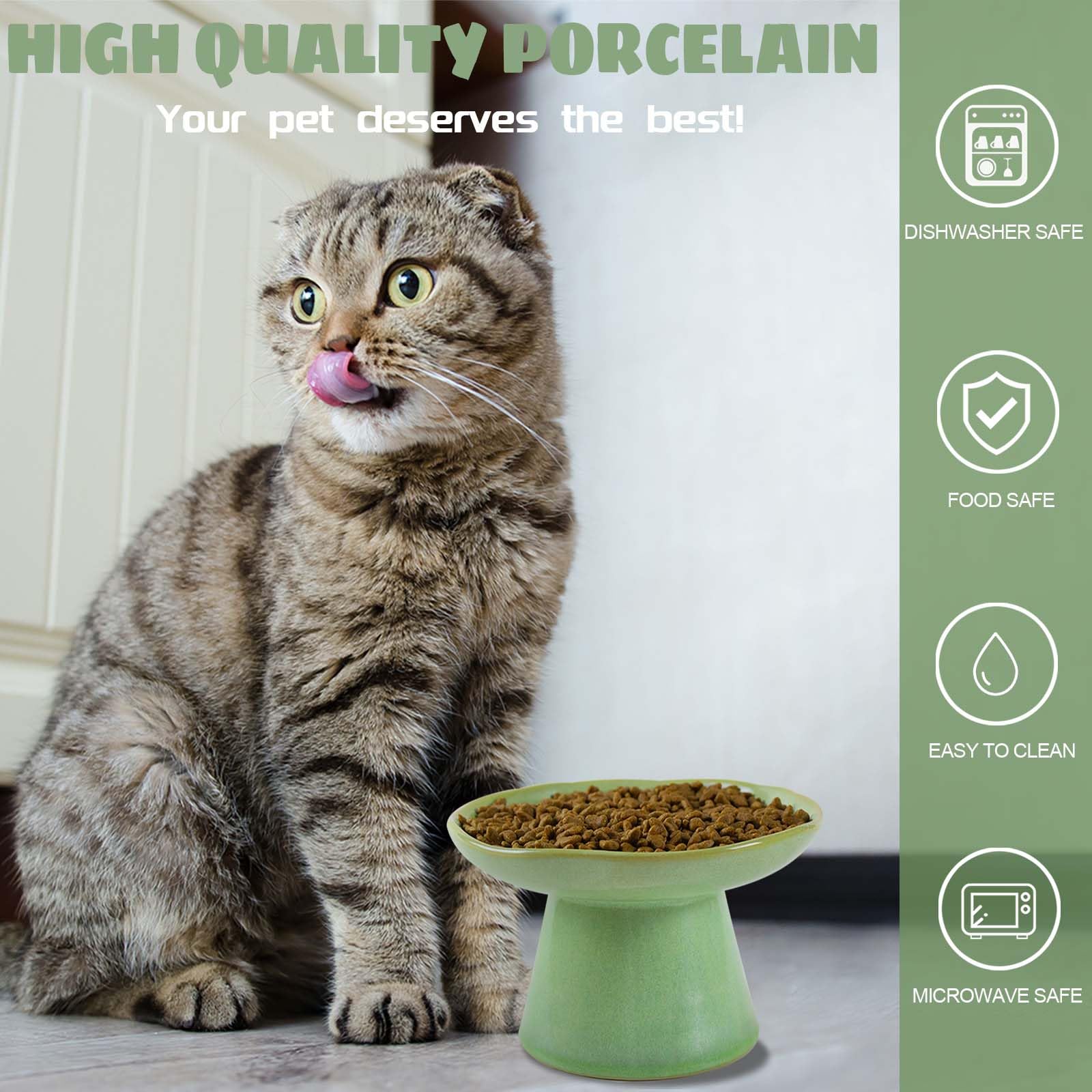 Wide Shallow 6.1" Raised Cat Bowls, Ceramic Elevated Food Bowl for Flat Faced Cats and Small Dogs, Porcelain Feeder Bowl, Stress Free, Protect Catâ€™s Spine, Green