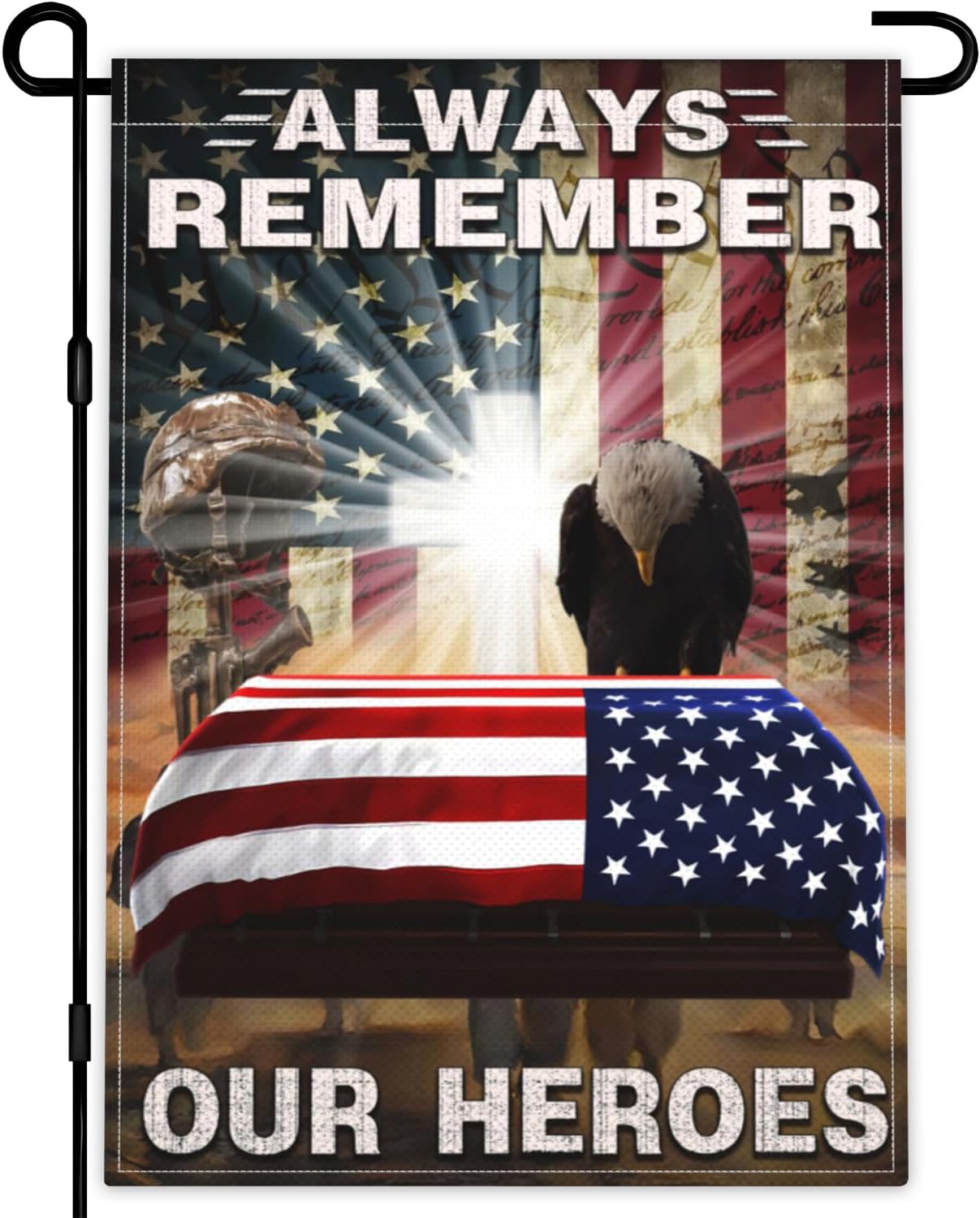 Always Remember Our Heroes Garden Flag 12x18 Inch Memorial Day Garden Flag 3ply Polyester Double Sided Print 4th of July Independence Day Veterans Day Garden Flags for House Indoor Yard Outdoor Holiday Patriotic Decor