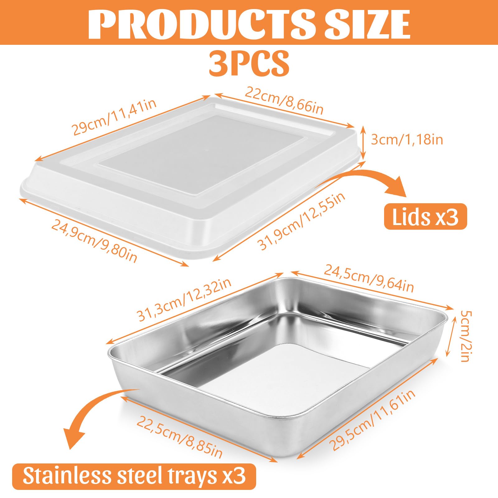 WOPPLXY Set di 3 teglie con coperchio, 31 x 24 x 5 cm, teglia con coperchio, in acciaio inox tiramisù con coperchi per torte e lasagne, lavabili in lavastoviglie
