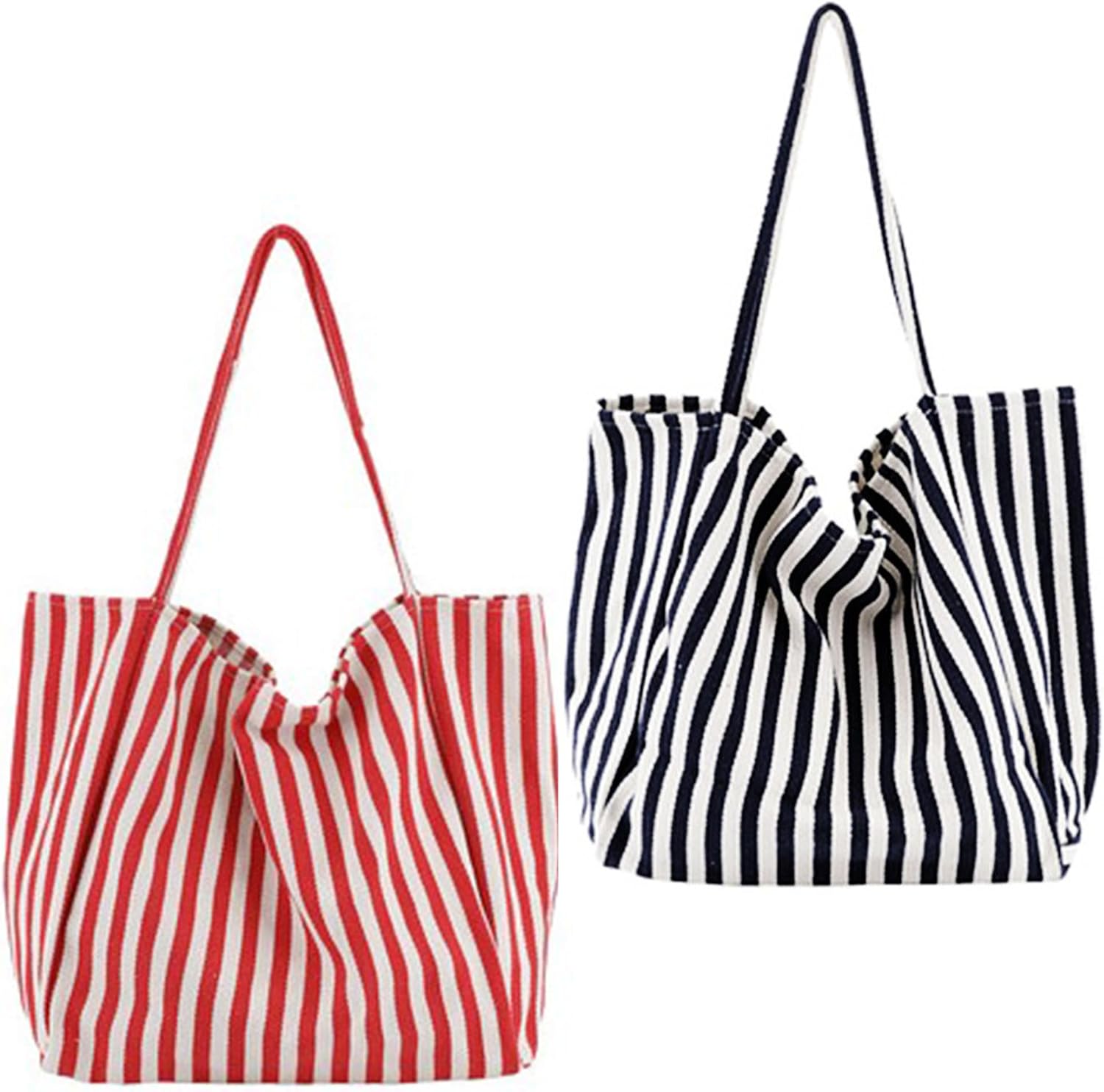 2 Pcs Lightweight Soft Casual Striped Canvas Shopping Tote Bags with Inner Pocket