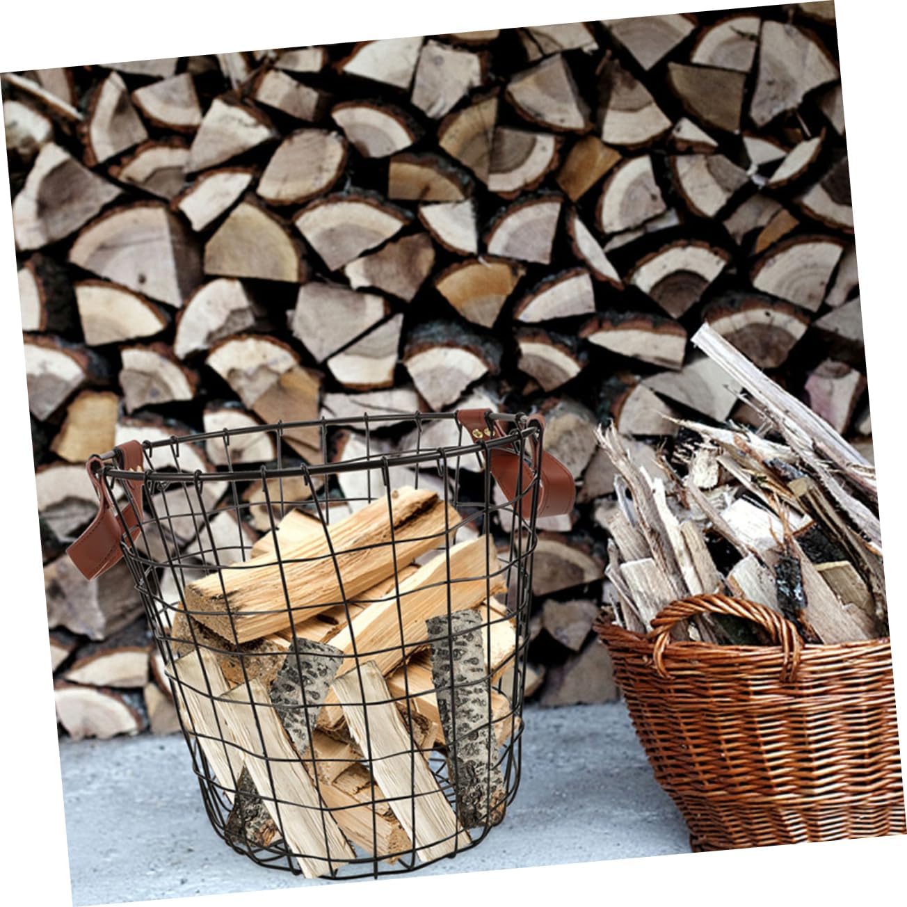 TOYANDONA Iron Firewood Basket with Handle, Ventilated Storage Bin