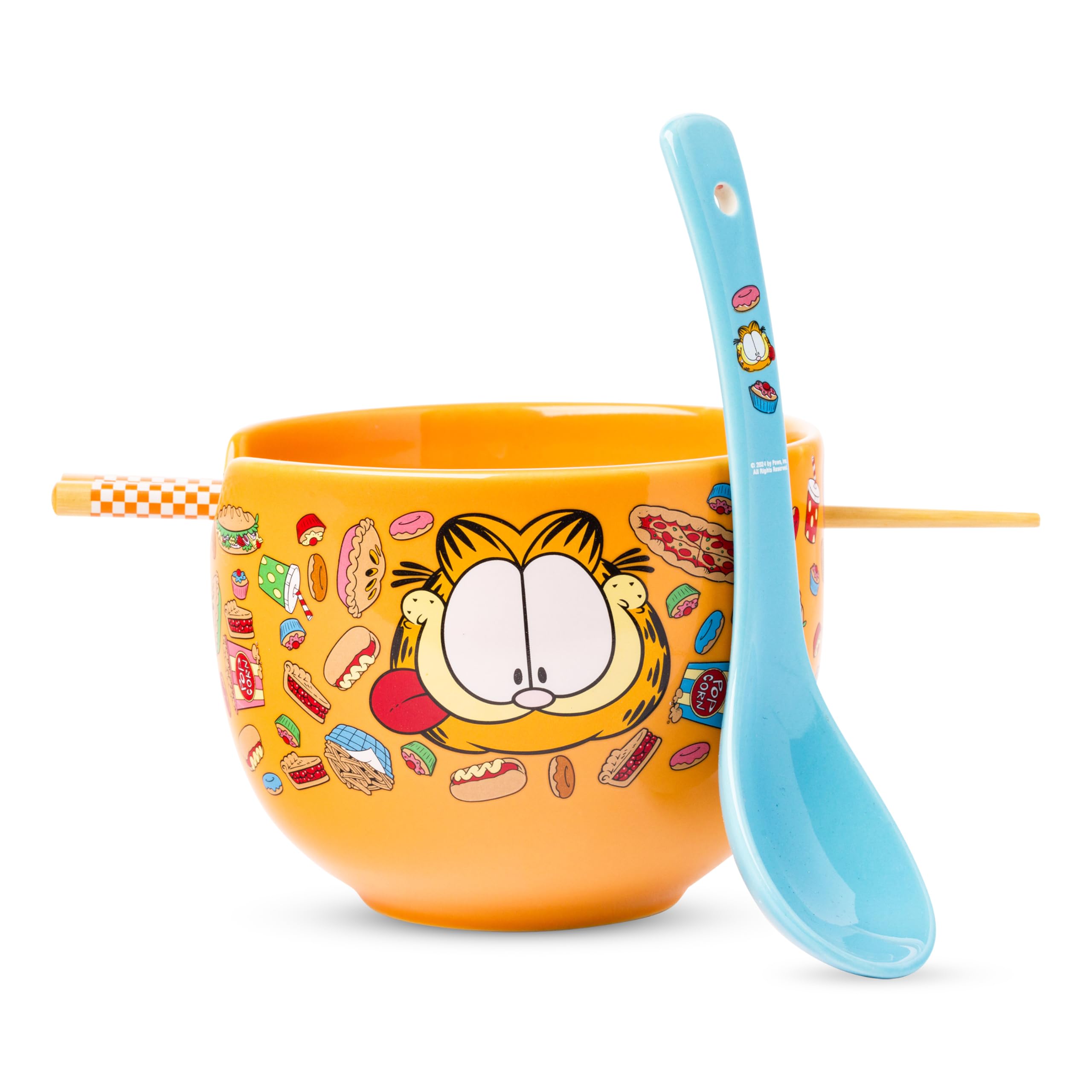 Silver Buffalo Garfield Hungry Junk Food Ceramic Ramen Noodle Rice Bowl with Chopsticks and Spoon, Microwave Safe, 20 Ounces