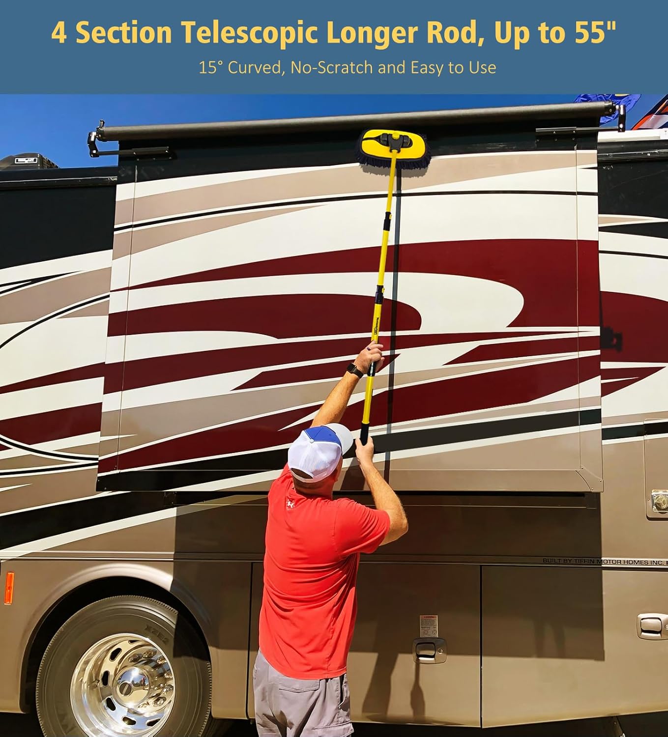 YeewayVeh Car Wash Brush Mop with Long Handle, 55" Car Wash Brush with 2 Replaceable Microfiber Mop Heads, 15° Curved Extension Pole Auto Cleaning Wash Kit for Truck SUV RV Camper, Yellow