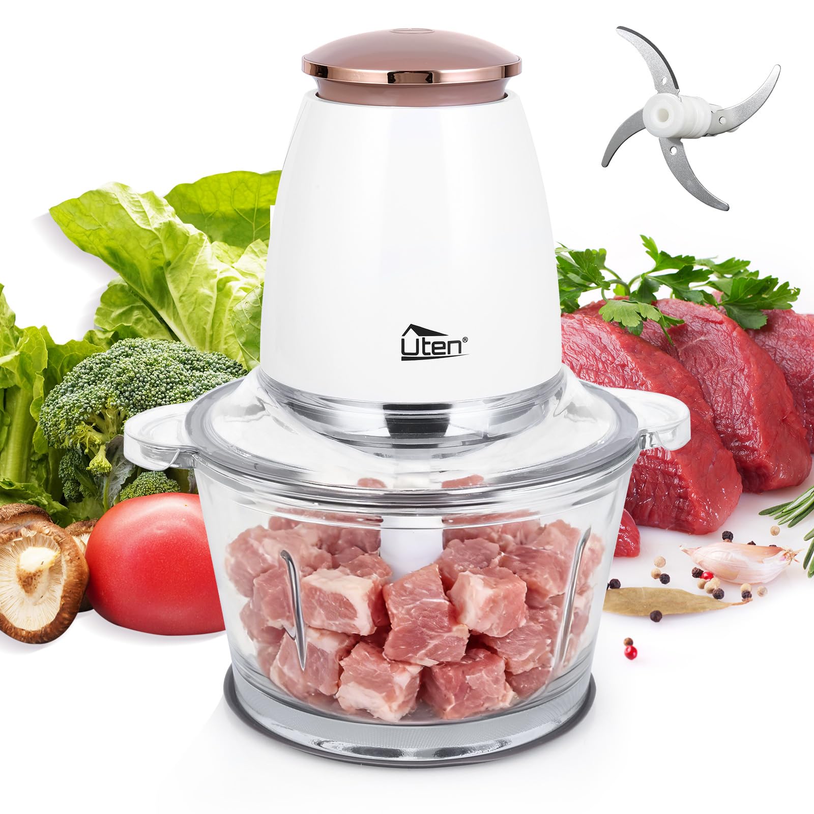 Picadora Eléctrica de Alimetos 400W, Uten 1500ML Picadora Eléctrica de Alimetos, Picadora Batidora Cocina 4 Cuchillas, Picadora de Carne Verduras y Frutas