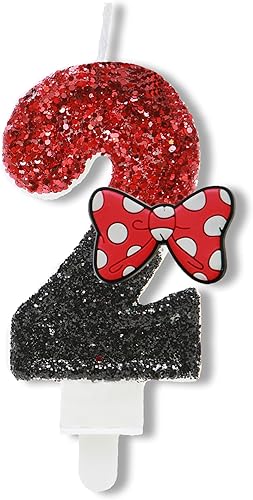 Vela de cumpleaños número 2, velas de número de lentejuelas rojas y negras con lazo rojo de la segunda vela de purpurina