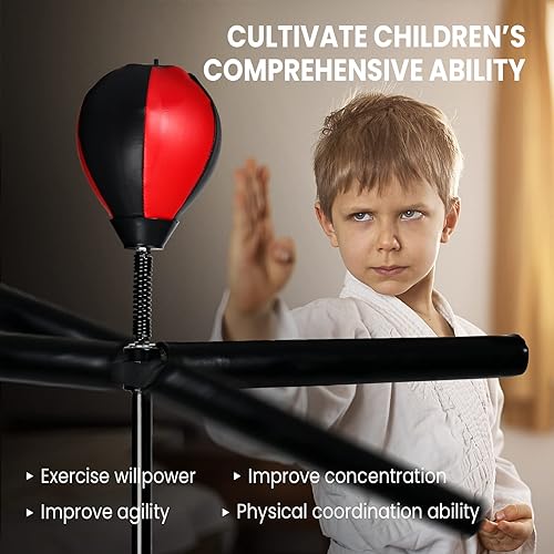Miniatura 4 de INNOLIFE Barra de boxeo con saco de boxeo para niños, barra giratoria de boxeo de altura ajustable, entrenador de velocidad de boxeo, pelota de