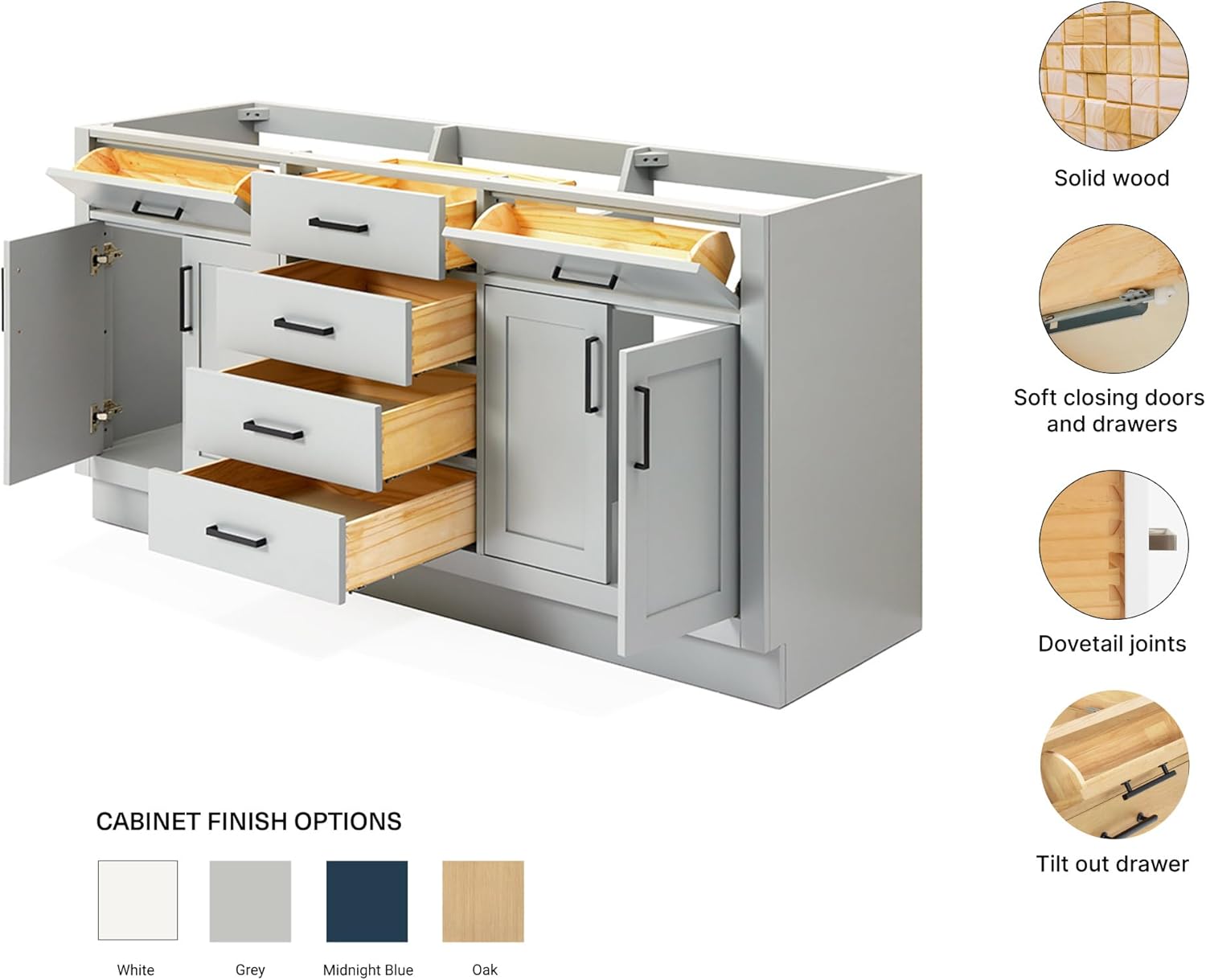 ARIEL Hepburn 72-inch Bathroom Vanity Base Cabinet,Solid Wood, 4 Soft Closing Doors, 6 Dovetail Drawers, Grey