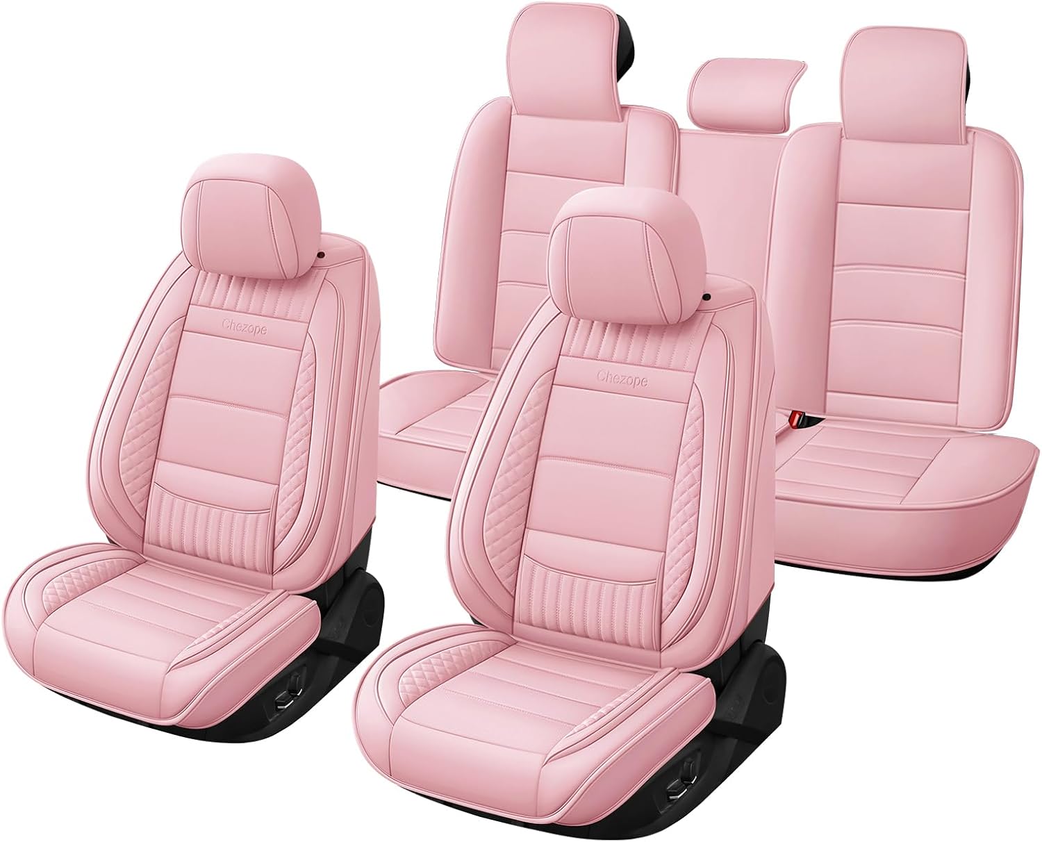 Chezope Car Faux Leather Seat Covers with Lumbar Support & Seat Cushion Ergonomic 3D Support, Custom Fit for 2002-2026 Dodge Ram 1500/2500/3500 Crew/Quad/Regular Cab Pickup (Pink-Stripes-A, Full Set)