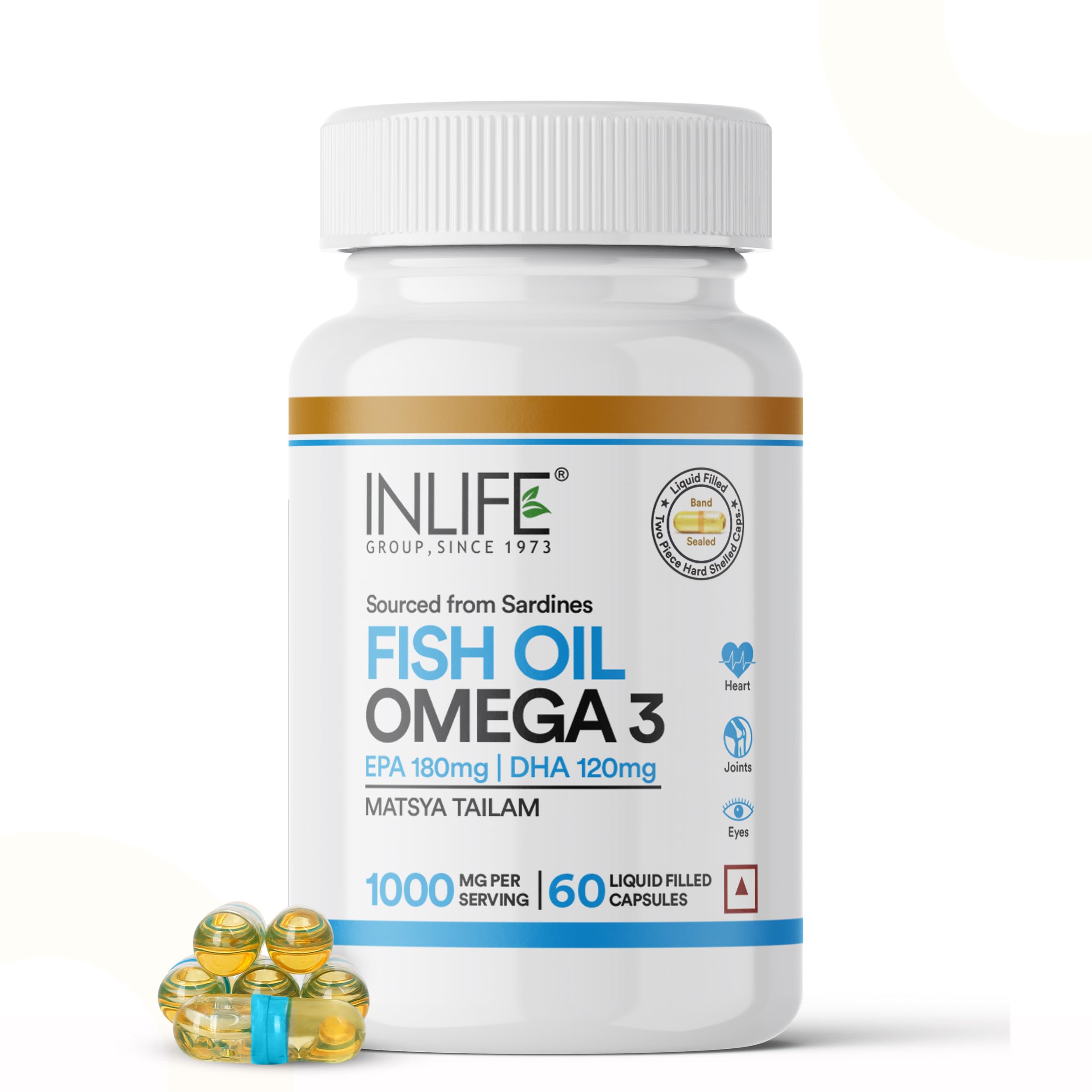 INLIFE Fish Oil Capsules Omega 3 1000mg | 180mg EPA & 120mg DHA | Supports Brain, Heart, Joint & Eye Health - 60 Liquid Filled Capsules