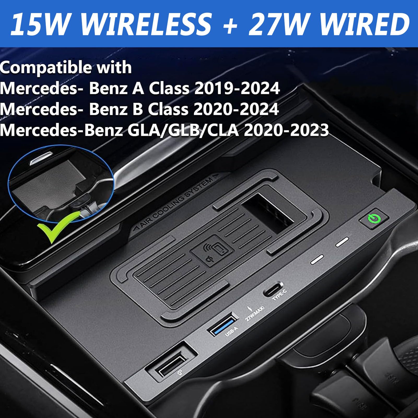 Bezprzewodowa ładowarka samochodowa do klasy A, klasy GLA, klasy B, klasy GLB, klasy CLA, 15 W, z portem USB i QC3.0, kompatybilna ze wszystkimi telefonami kompatybilnymi z Qi, czarna