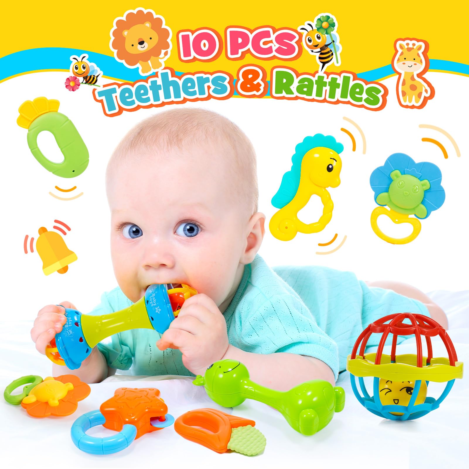 Sonaglio Neonato 0-12 Mesi, Giochi Neonato 0-3-6-9-12 Mesi Giochi Dentizione Neonato Giochi 0-12 Mesi Regalo Neonato Montessori Giocattoli 0-6-12 Mesi Giochi Sensoriali per Neonati