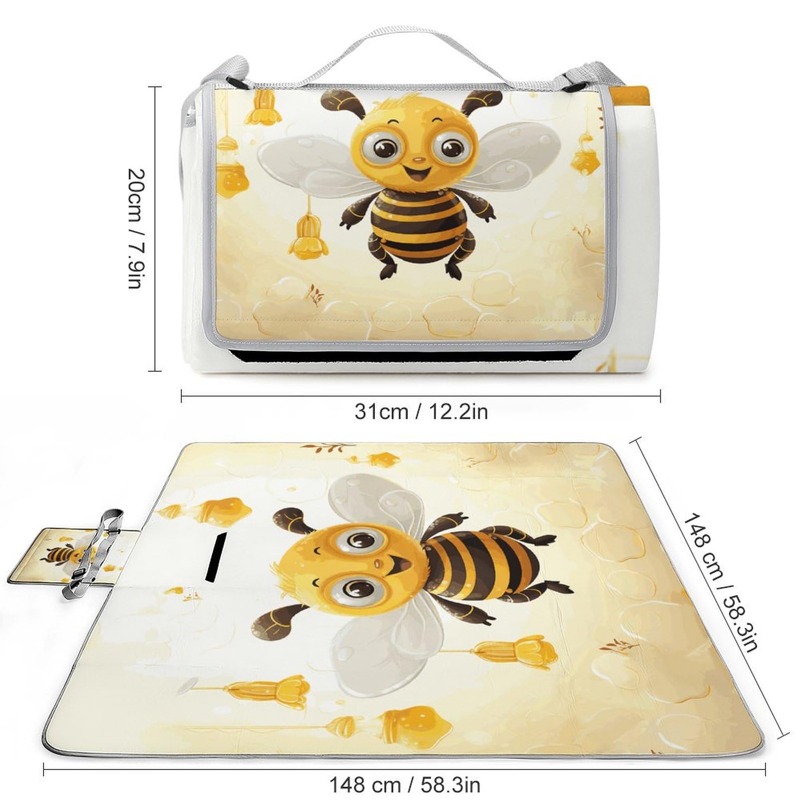 Tappetino da picnic con api carine, tappetino pieghevole impermeabile con borsa tote grande tappetino da picnic all'aperto 147,3 x 147,3 cm coperta da campeggio per spiaggia, parco, viaggi