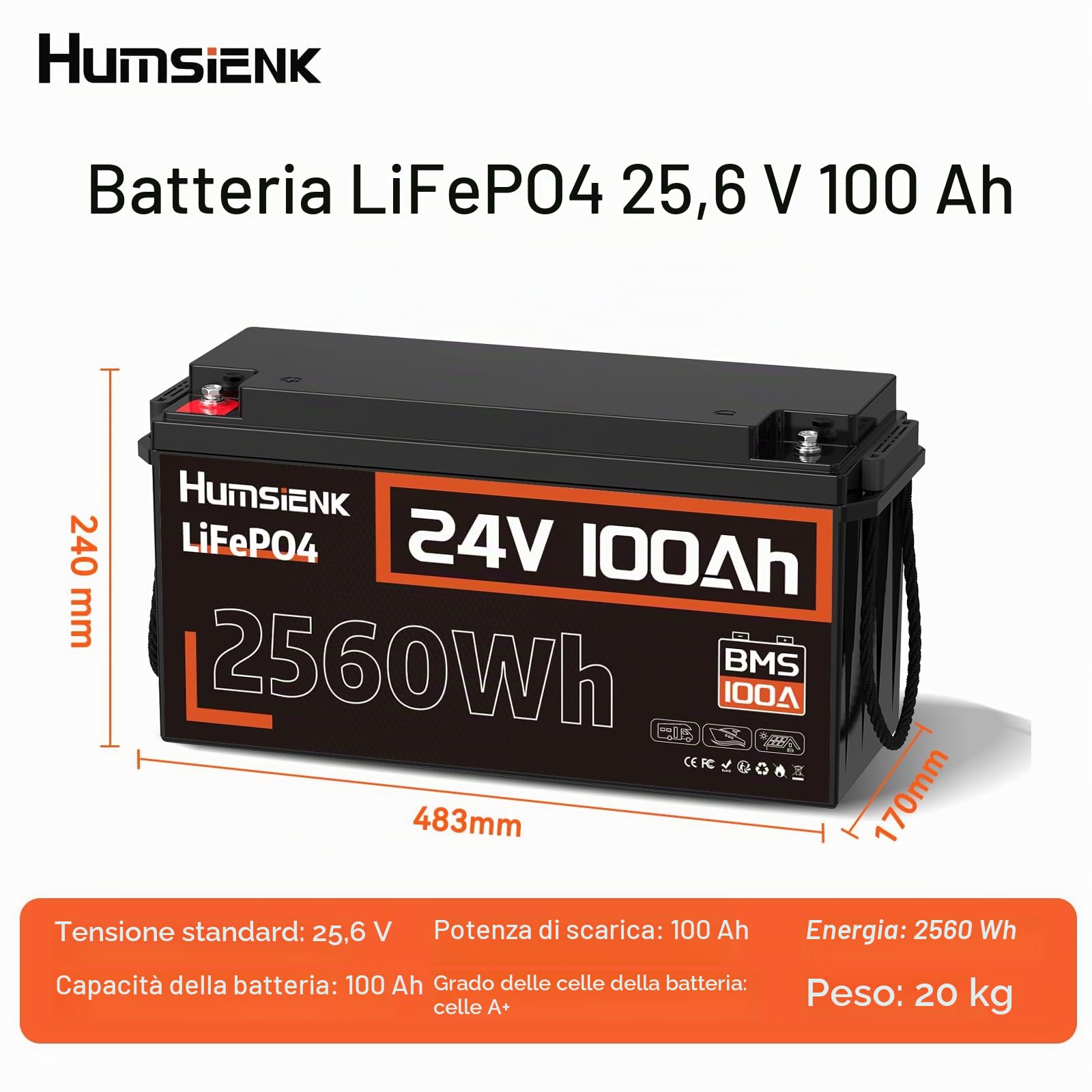 Humsienk Batteria Litio 24V 100Ah LiFePO4 con 100A BMS, Protezione Bassa Temperatura, Batteria 24V per Fotovoltaico Accumulo, Barche da Pesca Bass, Sistemi di Energia Rinnovabile, Camper, Off-Grid