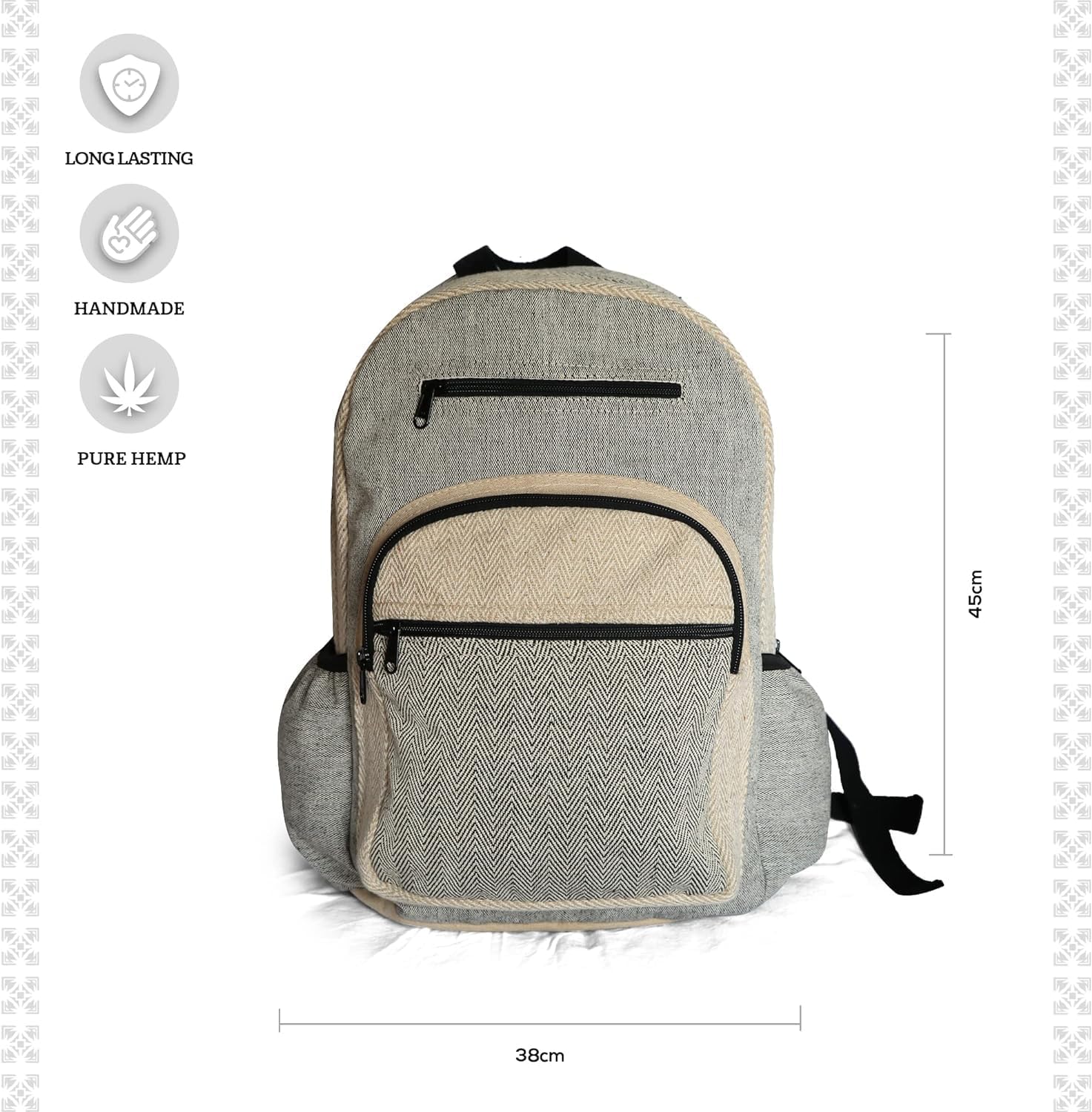 Hemp Backpack Lightweighted 100% Natural Hemp Cotton Fabric Casual Daypack Multipurpose Handmade Bag For Travel, Hiking, Yoga, Picnic(Black & White)