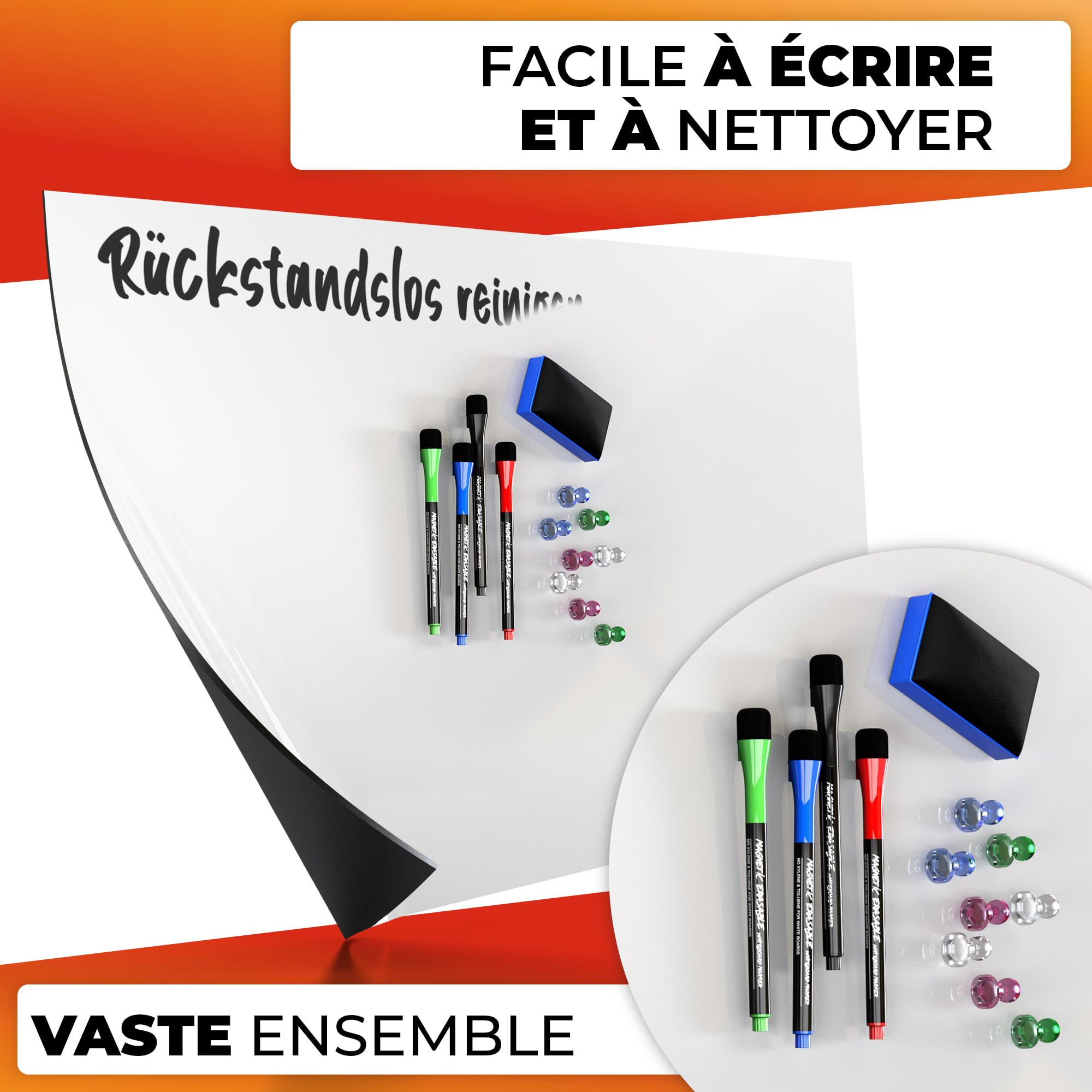 Film tableau blanc 90x120cm - Film magnétique 3M autocollant - Film tableau magnétique effaçable - Film ferro pratique blanc - Film tableau blanc y compris 4 marqueurs, grande gomme et 8 pins