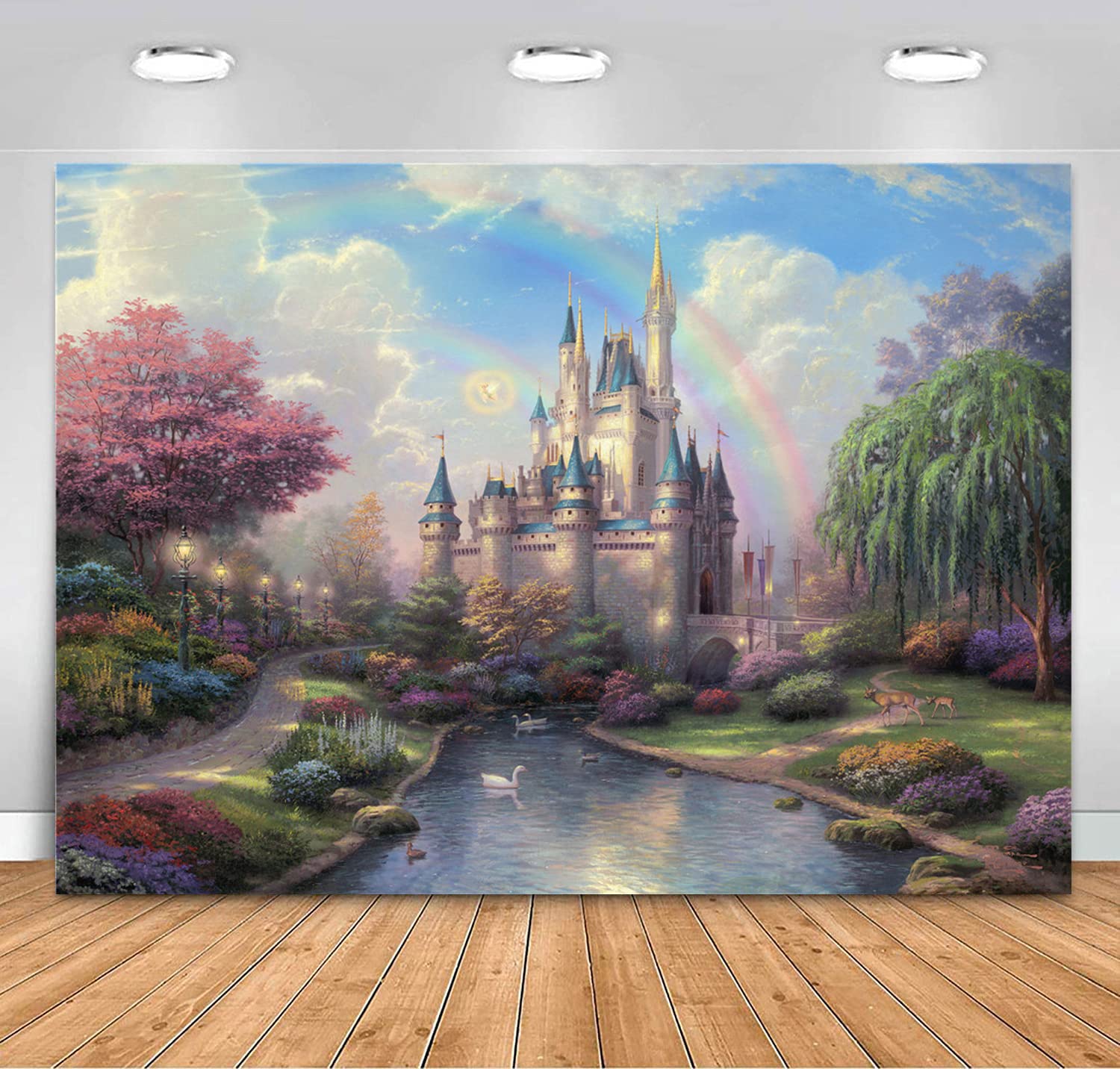 ZARROUEA 7x5FT Spring Garden White Castle Backdrop Rainbow Sky Castle Palace Photography Background for Newborn Children and Girl Birthday Party Baby