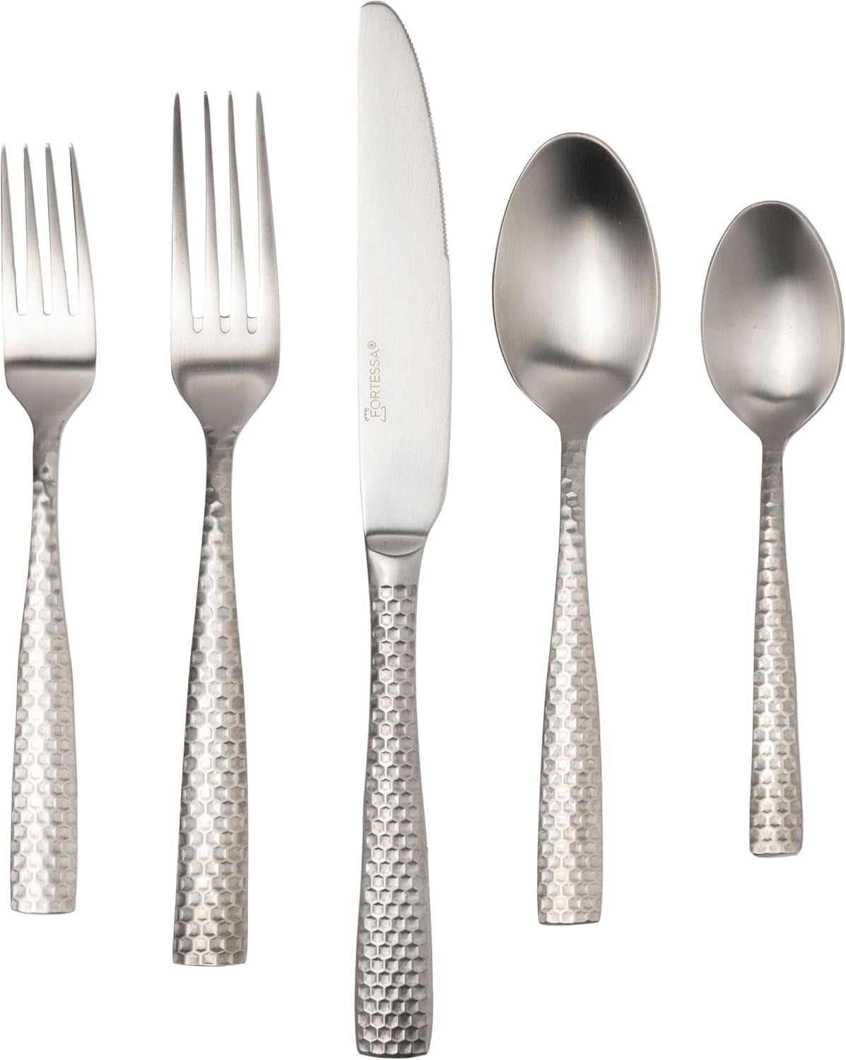 Fortessa Lucca Faceted 20-Piece Flatware Set, 18/10 Stainless Steel, BRUSHED FINISH, Service for 4, Dishwasher Safe Silverware Set