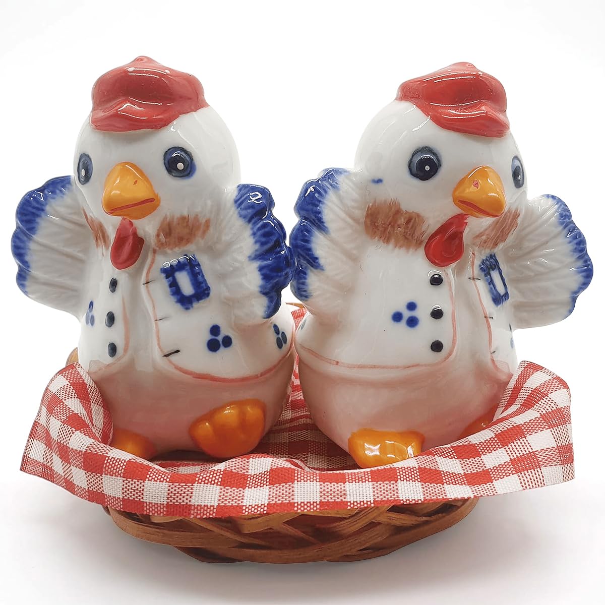 Duck Shaped with hat' Dining Table Salt and Pepper Shakers, 2 Pieces with Cane Basket