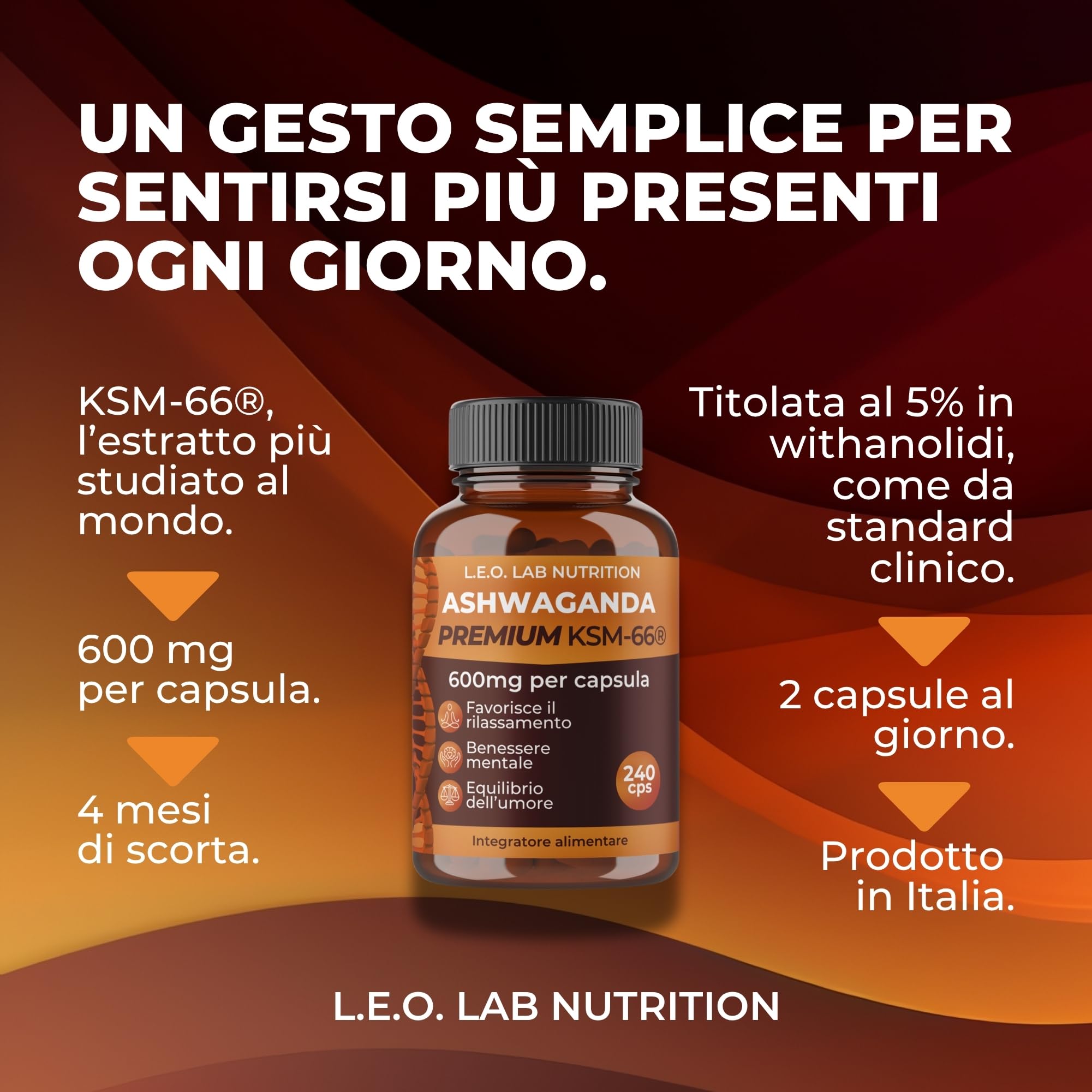 Ashwagandha KSM-66® 1200 mg Pura – 240 Capsule Vegane – Estratto da Radice ≥5% Witanolidi per Stress, Energia, Concentrazione e Benessere Psicofisico