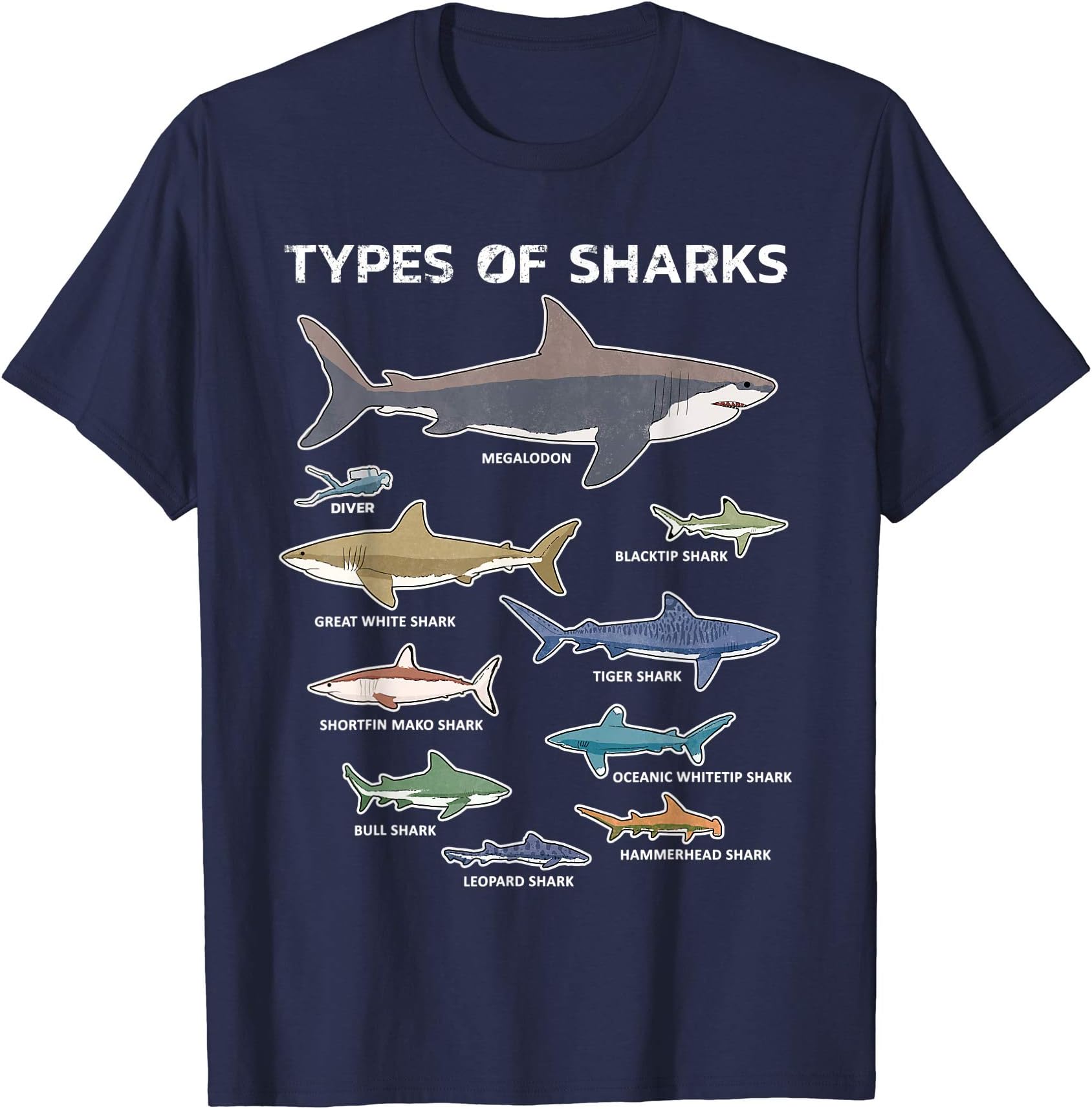 9 Types of Sharks T-Shirt Educational Colorful Ocean Tee T-Shirt