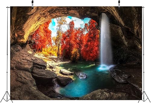Miniatura 4 de BELECO Fondo de tela de 20 x 10 pies para cueva de montaña, cascada, árboles rojos, lago verde, otoño, naturaleza, fondo, viajes, aventuras,