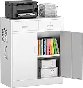Metal Storage Cabinet with 2 Drawers 36" H,White Metal Garage Cabinets with 2 Lockable Doors and Adjustable Shelves Easy to Assemble for Home Office, Kitchen,Pantry,Garage,Warehouse