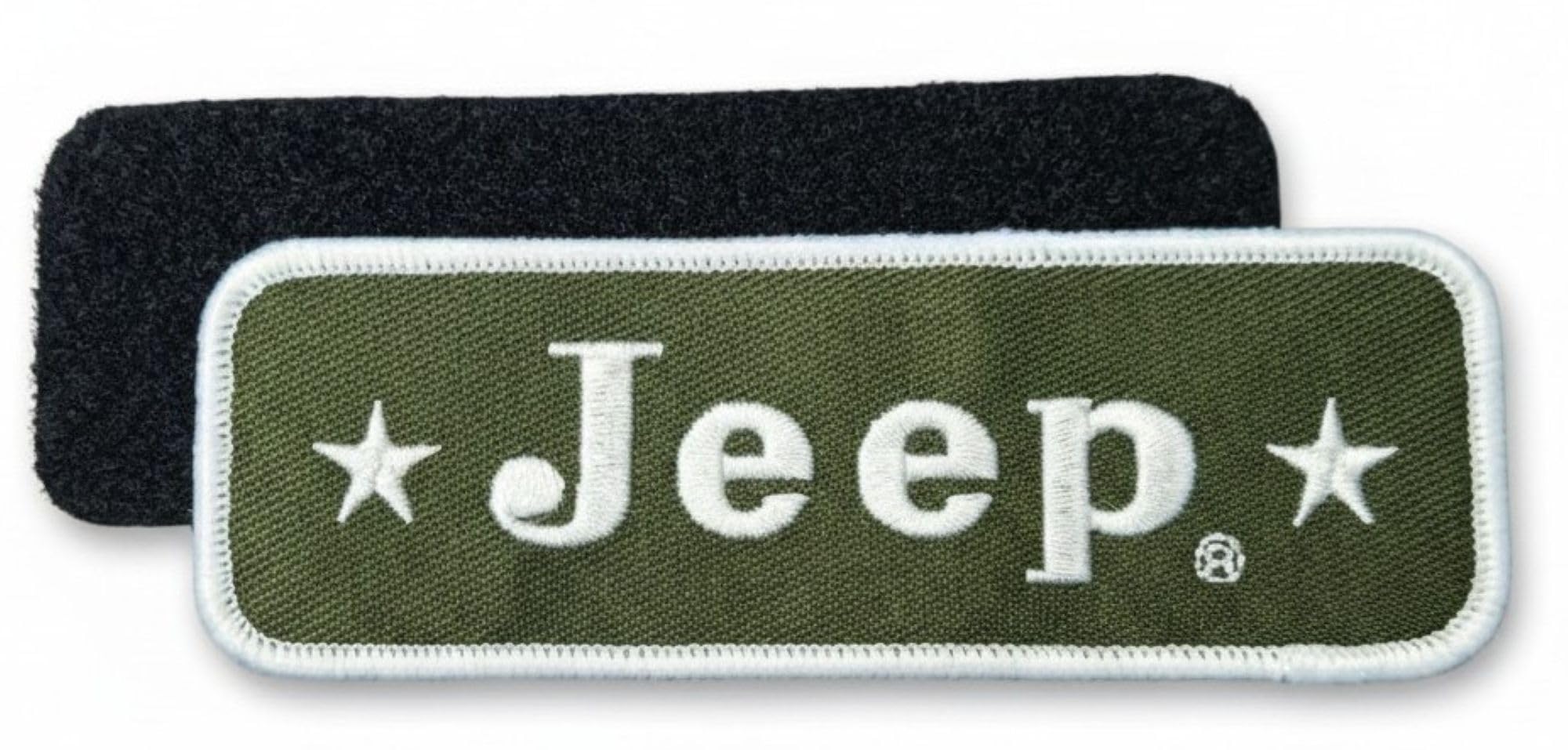 Jeep Parche bordado con logotipo de estrellas, 2 piezas, 1.5 x 4.5 pulgadas, verde militar/blanco