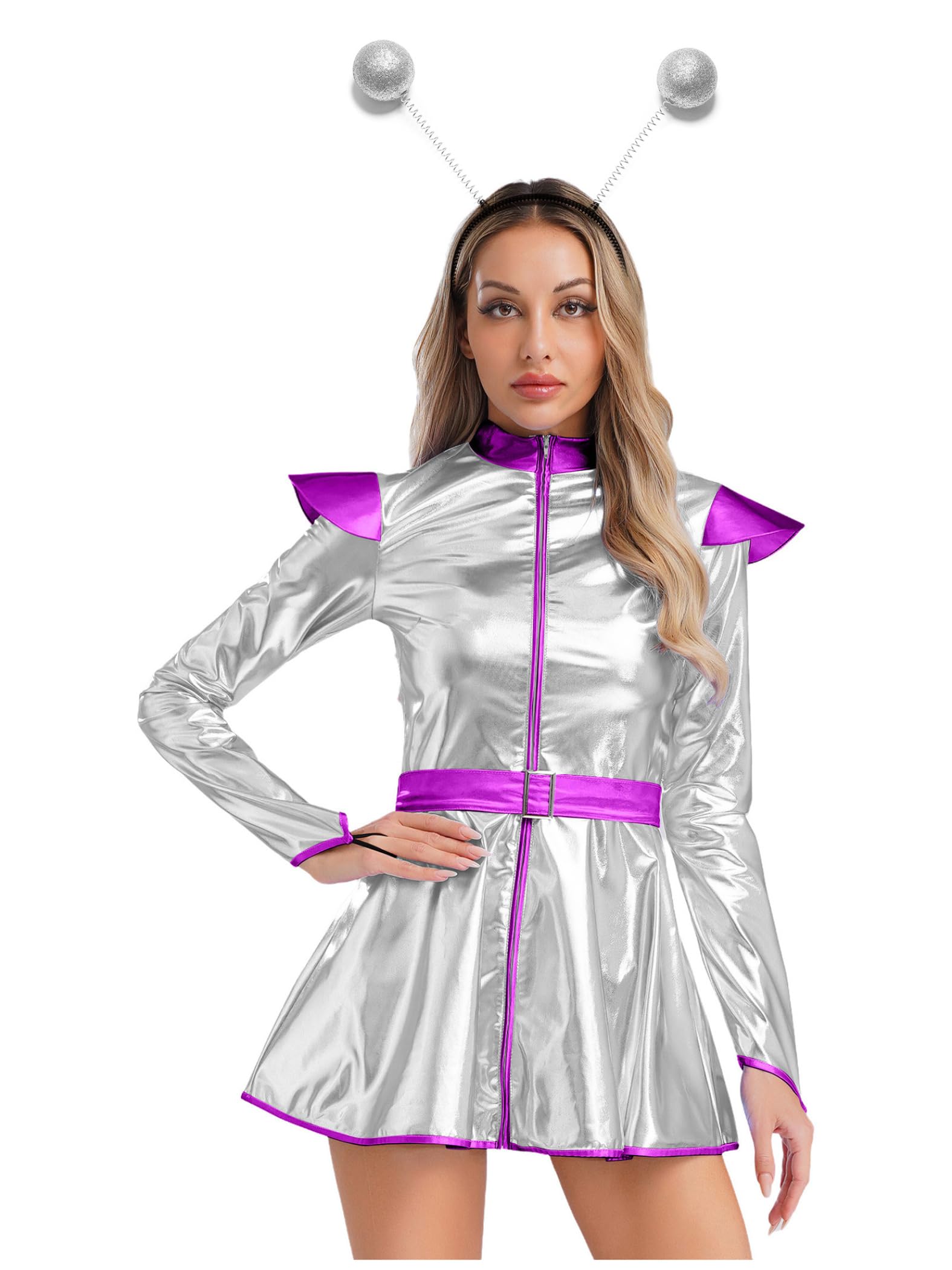 Yiesvsov Women Alien Metallic Dress for Halloween Cosplay Costume Long Sleeve Catsuit Funny Bodysuit 2 Pcs Set Silver M