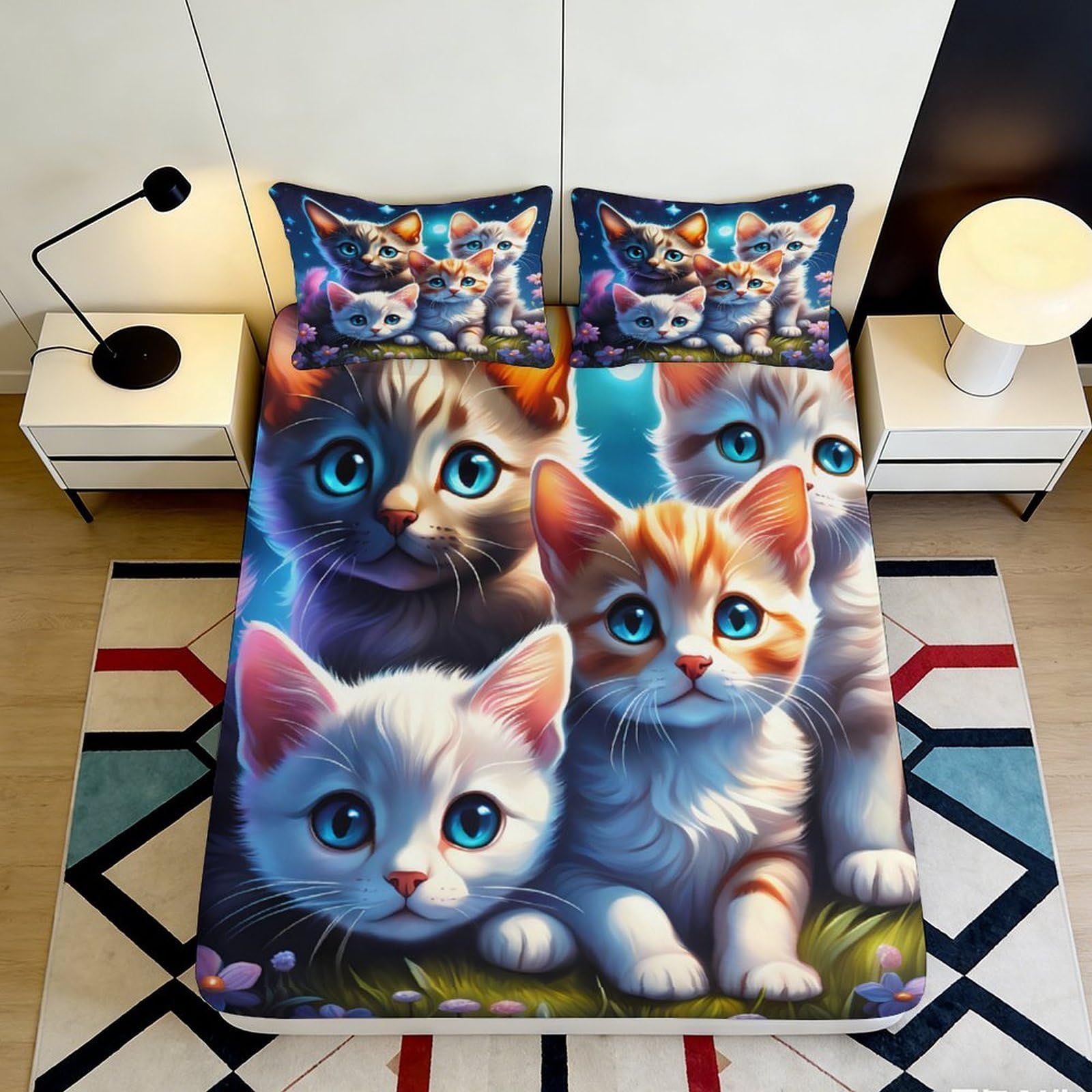 3D Printed Cartoon Cats Fitted Sheet Microfiber Deep Pocket Non-Slip Bedroom Bedding Cat Mattress Fitted Cover Washable Full Wrap 200x200x25cm