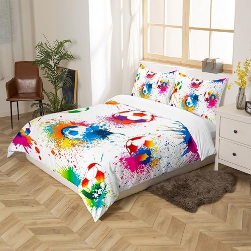 Miniatura 4 de Manfei Juego de funda de edredón de fútbol para niños, tamaño matrimonial, juego de ropa de cama colorido de fútbol de 3 piezas para decoración de